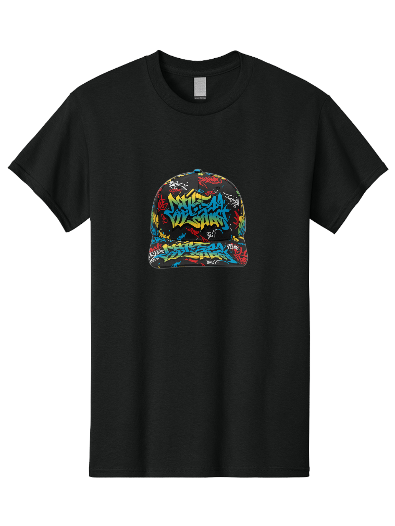 Mike-D-S-Graffiti-Cap Men'S Graphic Tee, 100% Cotton, Comfortable Casual Summer Wear, Machine Washable, Baseball Cap, Graffiti Style, Streetwear Fashion, Urban Clothing, Bold Designs, Vibrant Colors, Stylish Accessories, Casual Wear, Bad318