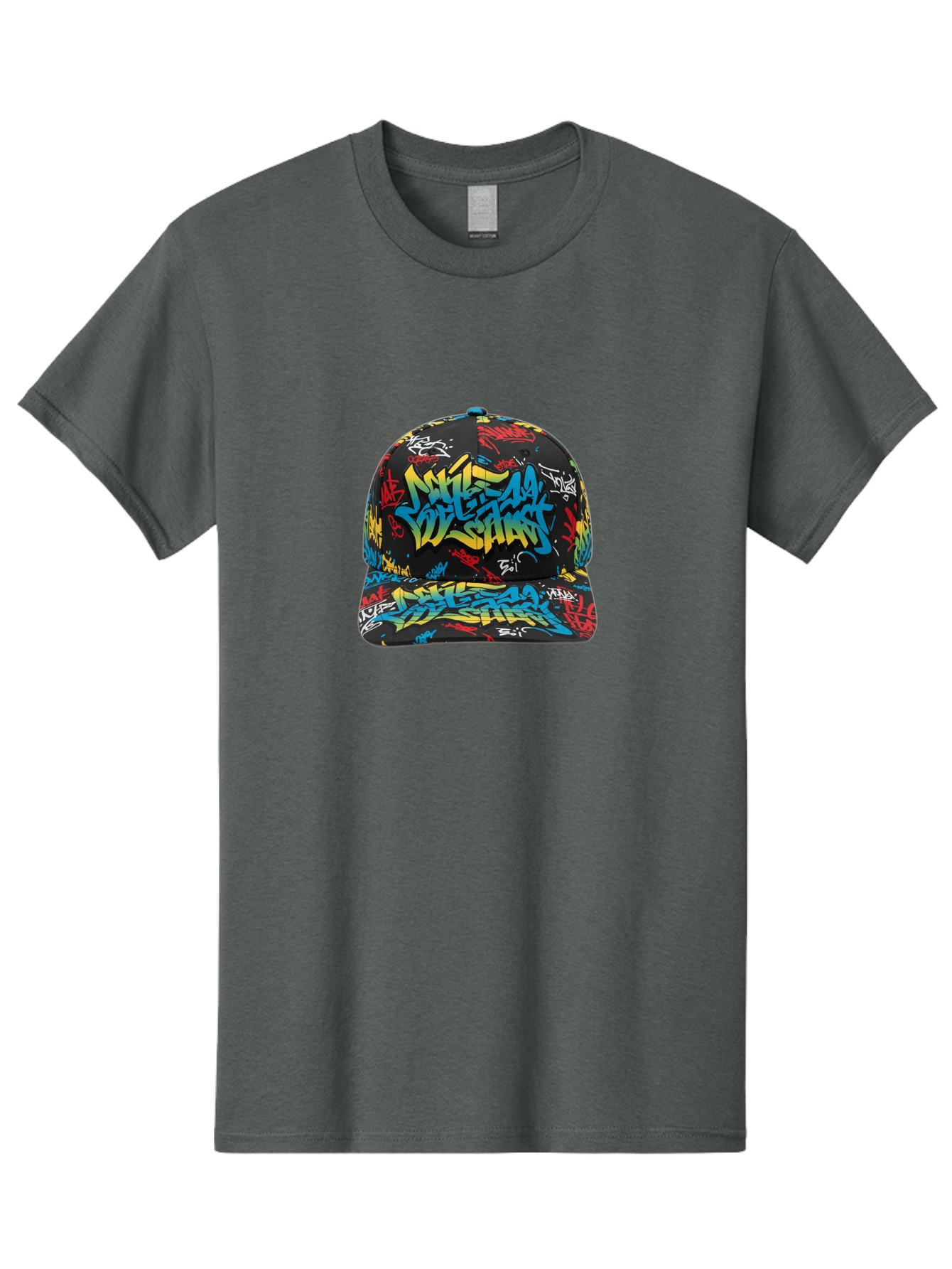 Mike-D-S-Graffiti-Cap Men'S Graphic Tee, 100% Cotton, Comfortable Casual Summer Wear, Machine Washable, Baseball Cap, Graffiti Style, Streetwear Fashion, Urban Clothing, Bold Designs, Vibrant Colors, Stylish Accessories, Casual Wear, Bad318