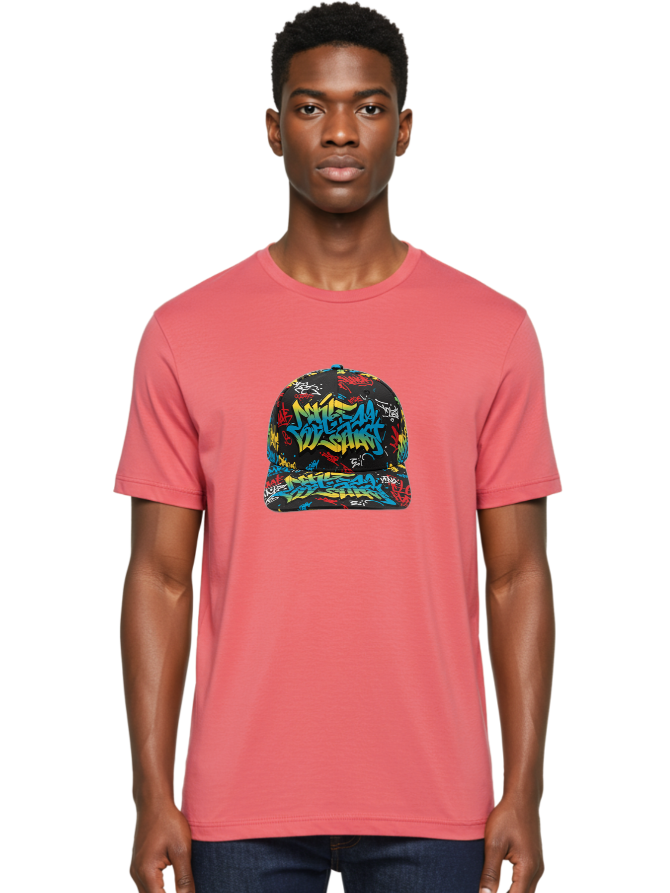 Mike-D-S-Graffiti-Cap Men'S Graphic Tee, 100% Cotton, Comfortable Casual Summer Wear, Machine Washable, Baseball Cap, Graffiti Style, Streetwear Fashion, Urban Clothing, Bold Designs, Vibrant Colors, Stylish Accessories, Casual Wear, Bad318