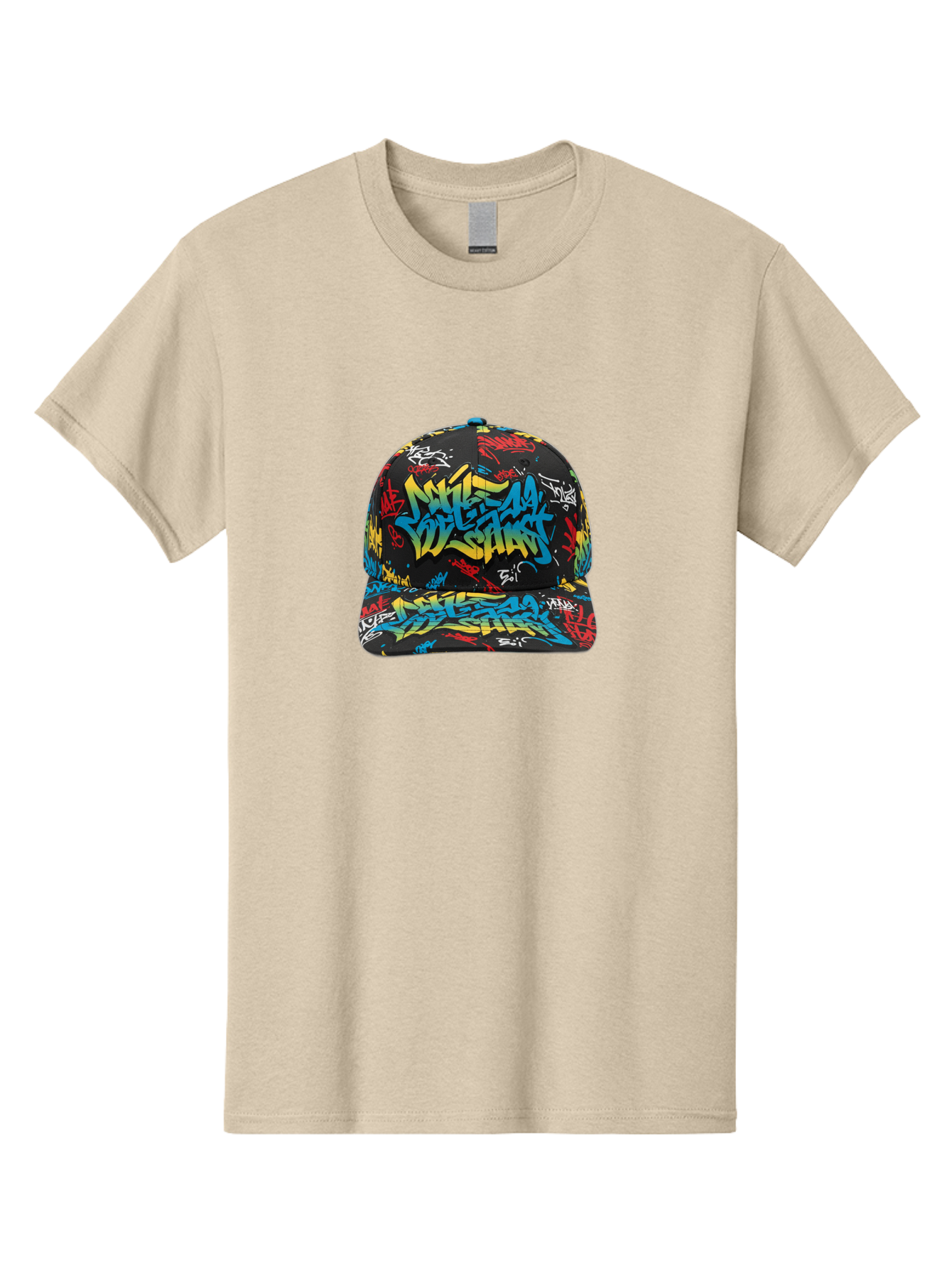Mike-D-S-Graffiti-Cap Men'S Graphic Tee, 100% Cotton, Comfortable Casual Summer Wear, Machine Washable, Baseball Cap, Graffiti Style, Streetwear Fashion, Urban Clothing, Bold Designs, Vibrant Colors, Stylish Accessories, Casual Wear, Bad318