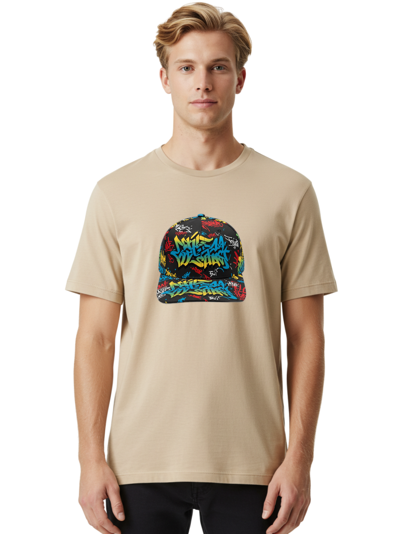 Mike-D-S-Graffiti-Cap Men'S Graphic Tee, 100% Cotton, Comfortable Casual Summer Wear, Machine Washable, Baseball Cap, Graffiti Style, Streetwear Fashion, Urban Clothing, Bold Designs, Vibrant Colors, Stylish Accessories, Casual Wear, Bad318
