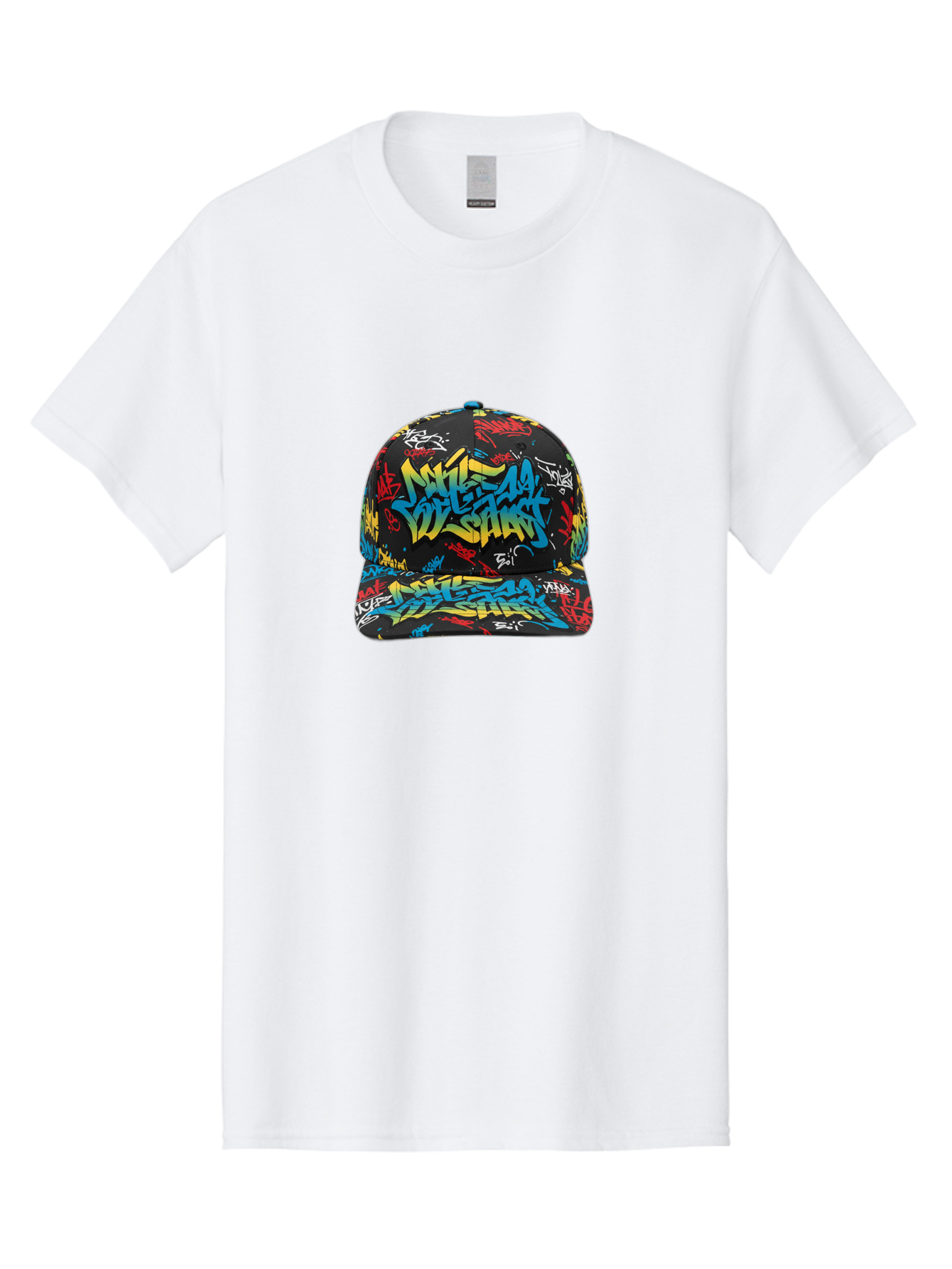 Mike-D-S-Graffiti-Cap Men'S Graphic Tee, 100% Cotton, Comfortable Casual Summer Wear, Machine Washable, Baseball Cap, Graffiti Style, Streetwear Fashion, Urban Clothing, Bold Designs, Vibrant Colors, Stylish Accessories, Casual Wear, Bad318