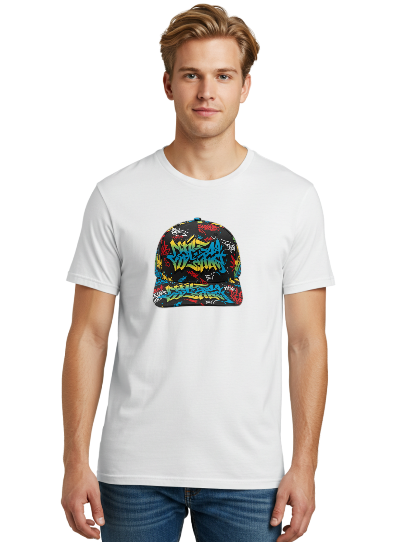 Mike-D-S-Graffiti-Cap Men'S Graphic Tee, 100% Cotton, Comfortable Casual Summer Wear, Machine Washable, Baseball Cap, Graffiti Style, Streetwear Fashion, Urban Clothing, Bold Designs, Vibrant Colors, Stylish Accessories, Casual Wear, Bad318