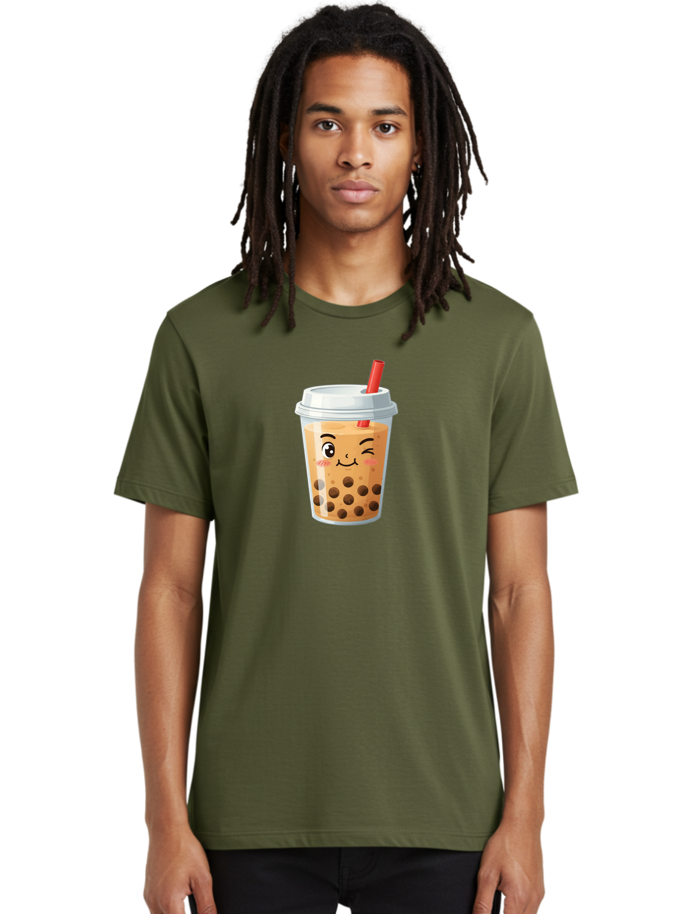 Milk-Tea-1 Men'S Graphic Tee, 100% Cotton, Comfortable Casual Summer Wear, Machine Washable, Milk Tea, Boba Tea, Bubble Tea, Cartoon Character, Cute Drink, Takeout Cup, Straw, Kawaii, Adorable Beverage, Tea Time, Fun Design Bad319