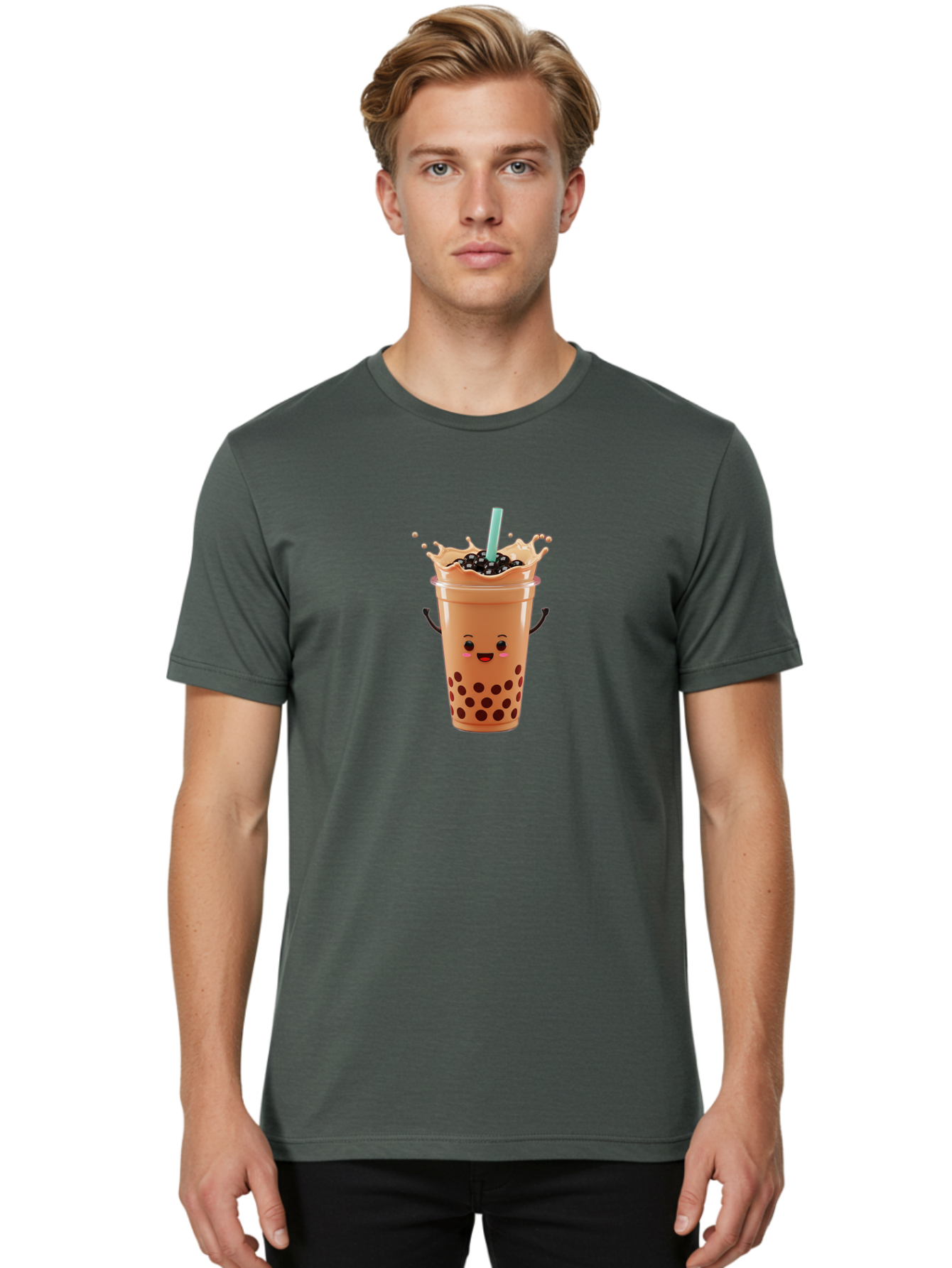 Milk-Tea Men'S Graphic Tee, 100% Cotton, Comfortable Casual Summer Wear, Machine Washable, Boba Tea, Milk Tea, Tapioca Pearls, Bubble Tea, Cartoon Character, Cute Drink, Fun Beverage, Refreshing Tea, Sweet Treat, Tea Lover Bad321