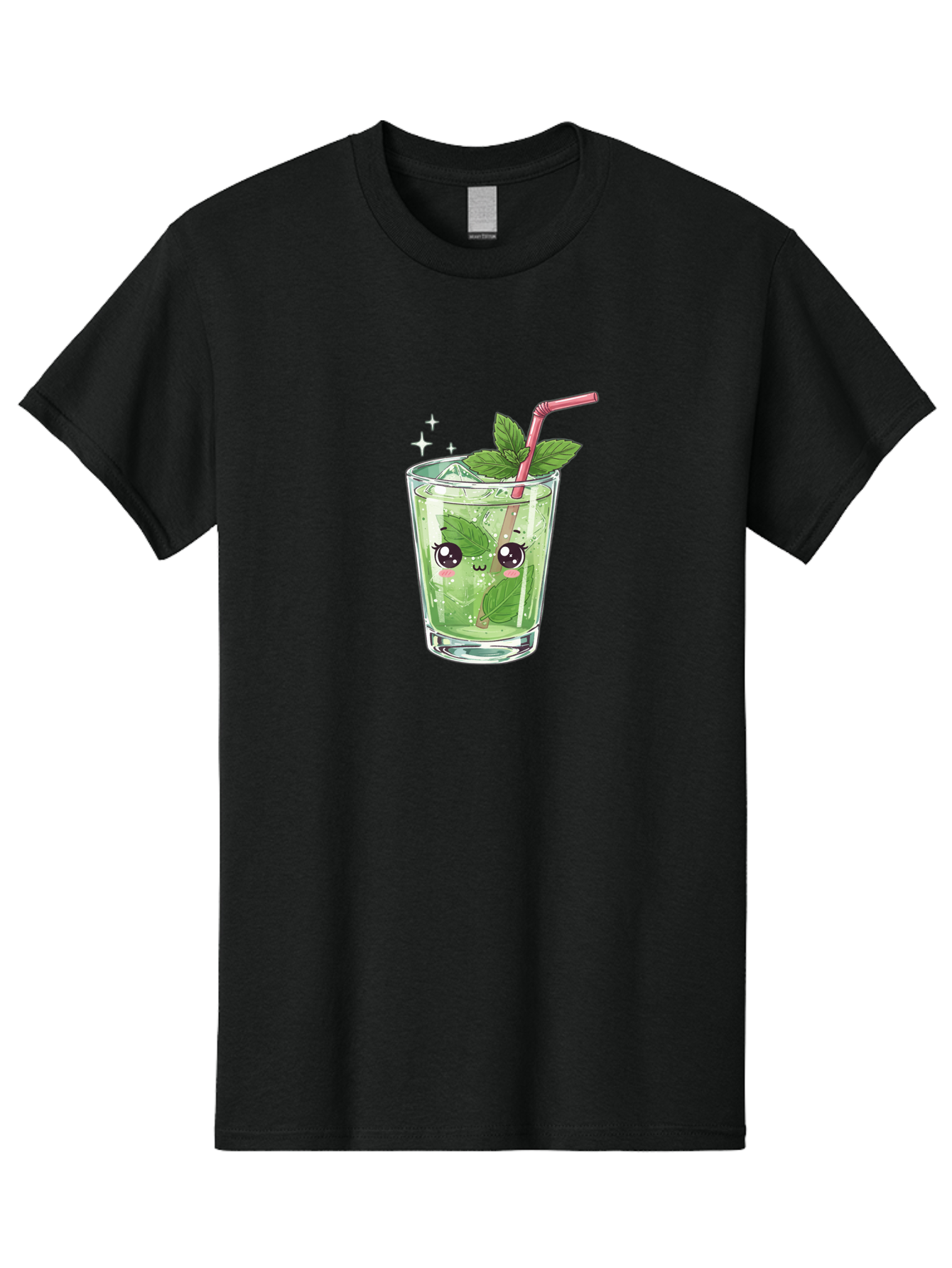 Mint-Drink Men'S Graphic Tee, 100% Cotton, Comfortable Casual Summer Wear, Machine Washable, Mojito Cocktail, Refreshing Drink, Summer Beverage, Mint Leaves, Cute Cartoon Character, Sparkle, Pink Straw, Cool Drink, Trendy Bad323