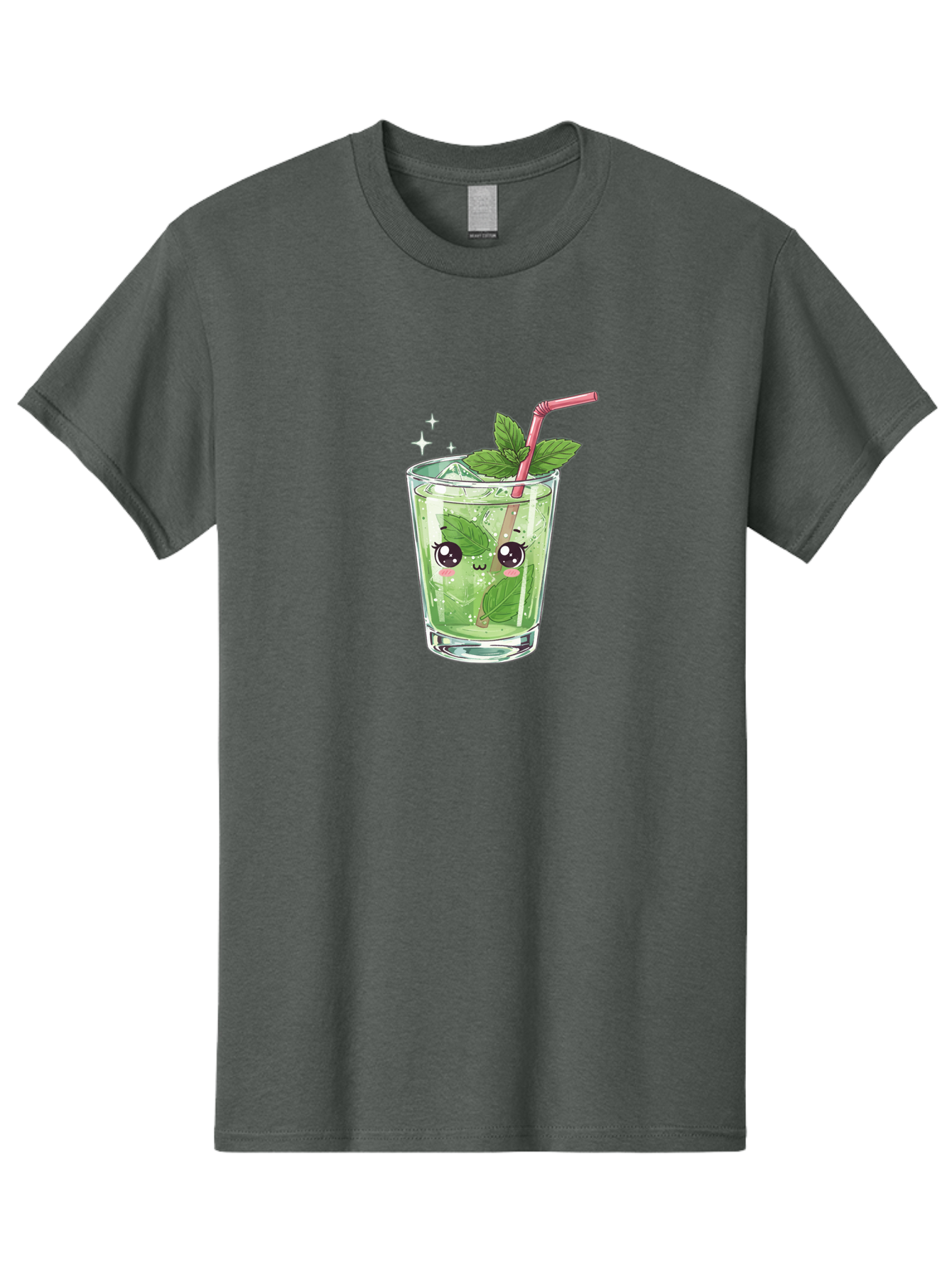 Mint-Drink Men'S Graphic Tee, 100% Cotton, Comfortable Casual Summer Wear, Machine Washable, Mojito Cocktail, Refreshing Drink, Summer Beverage, Mint Leaves, Cute Cartoon Character, Sparkle, Pink Straw, Cool Drink, Trendy Bad323