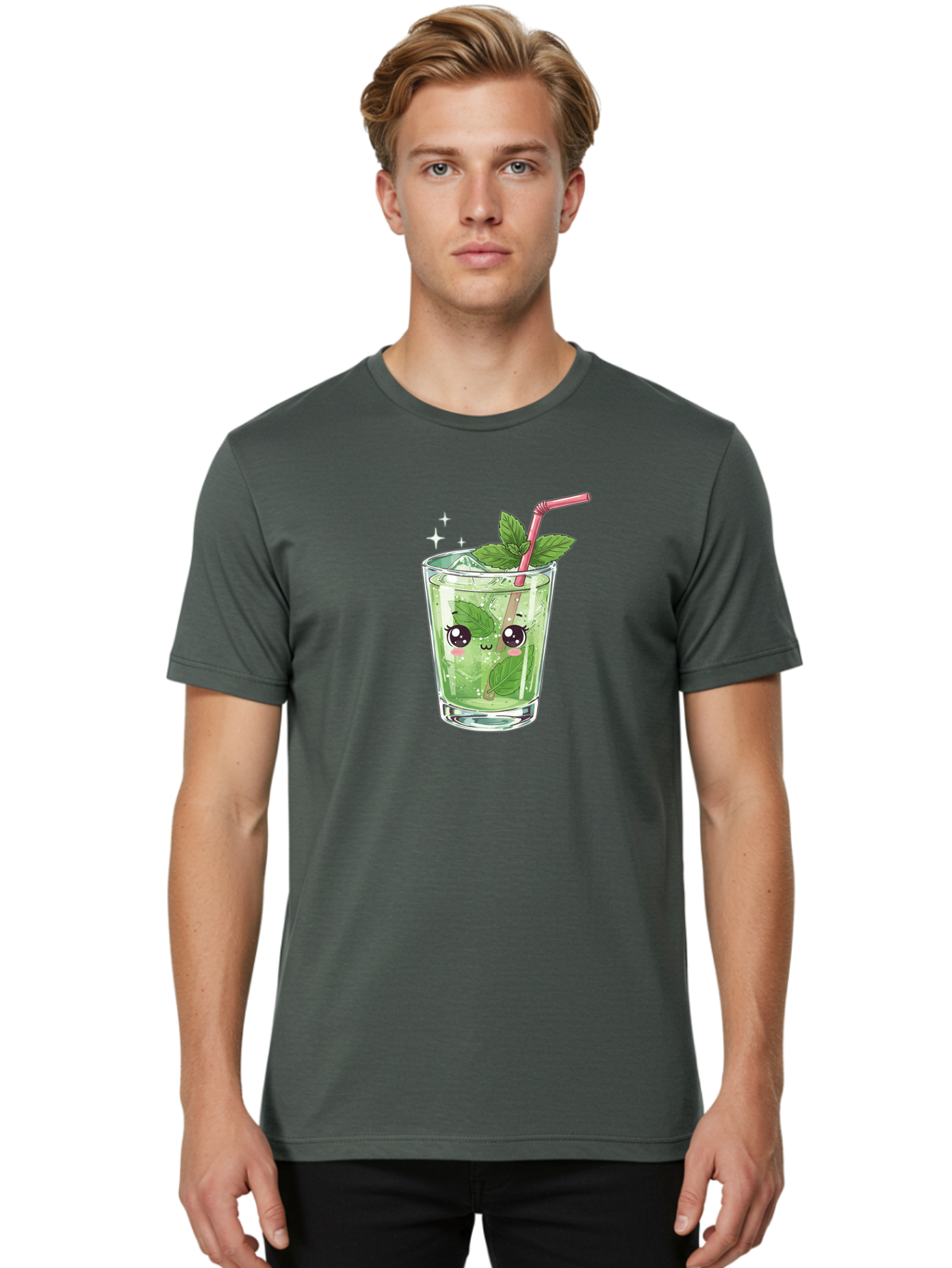Mint-Drink Men'S Graphic Tee, 100% Cotton, Comfortable Casual Summer Wear, Machine Washable, Mojito Cocktail, Refreshing Drink, Summer Beverage, Mint Leaves, Cute Cartoon Character, Sparkle, Pink Straw, Cool Drink, Trendy Bad323