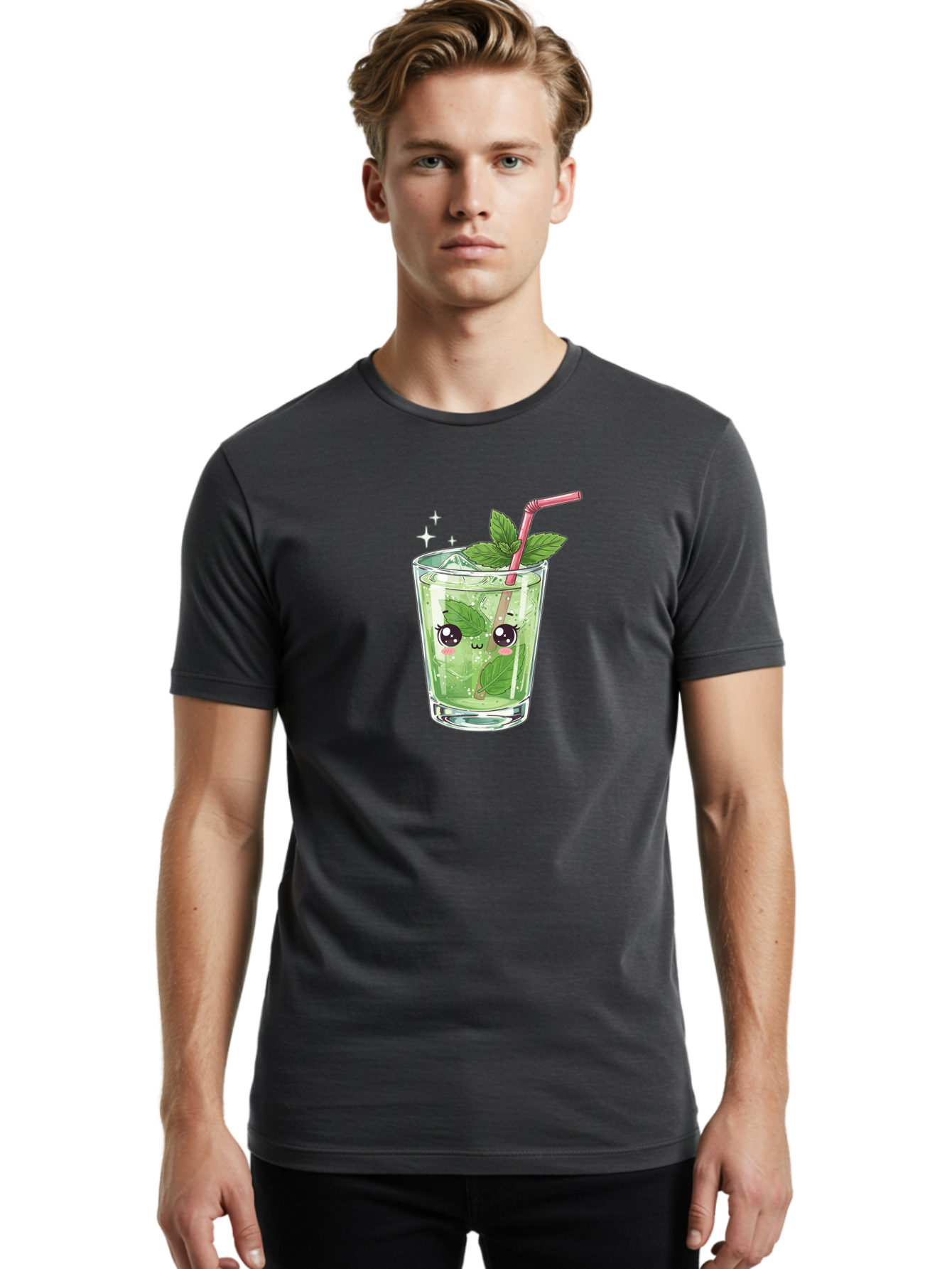 Mint-Drink Men'S Graphic Tee, 100% Cotton, Comfortable Casual Summer Wear, Machine Washable, Mojito Cocktail, Refreshing Drink, Summer Beverage, Mint Leaves, Cute Cartoon Character, Sparkle, Pink Straw, Cool Drink, Trendy Bad323