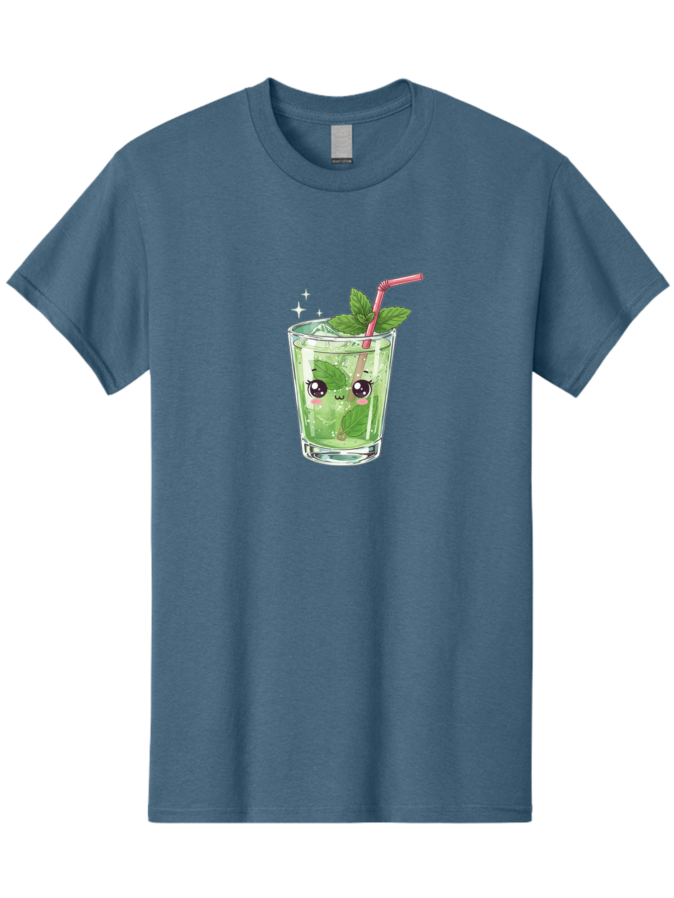 Mint-Drink Men'S Graphic Tee, 100% Cotton, Comfortable Casual Summer Wear, Machine Washable, Mojito Cocktail, Refreshing Drink, Summer Beverage, Mint Leaves, Cute Cartoon Character, Sparkle, Pink Straw, Cool Drink, Trendy Bad323