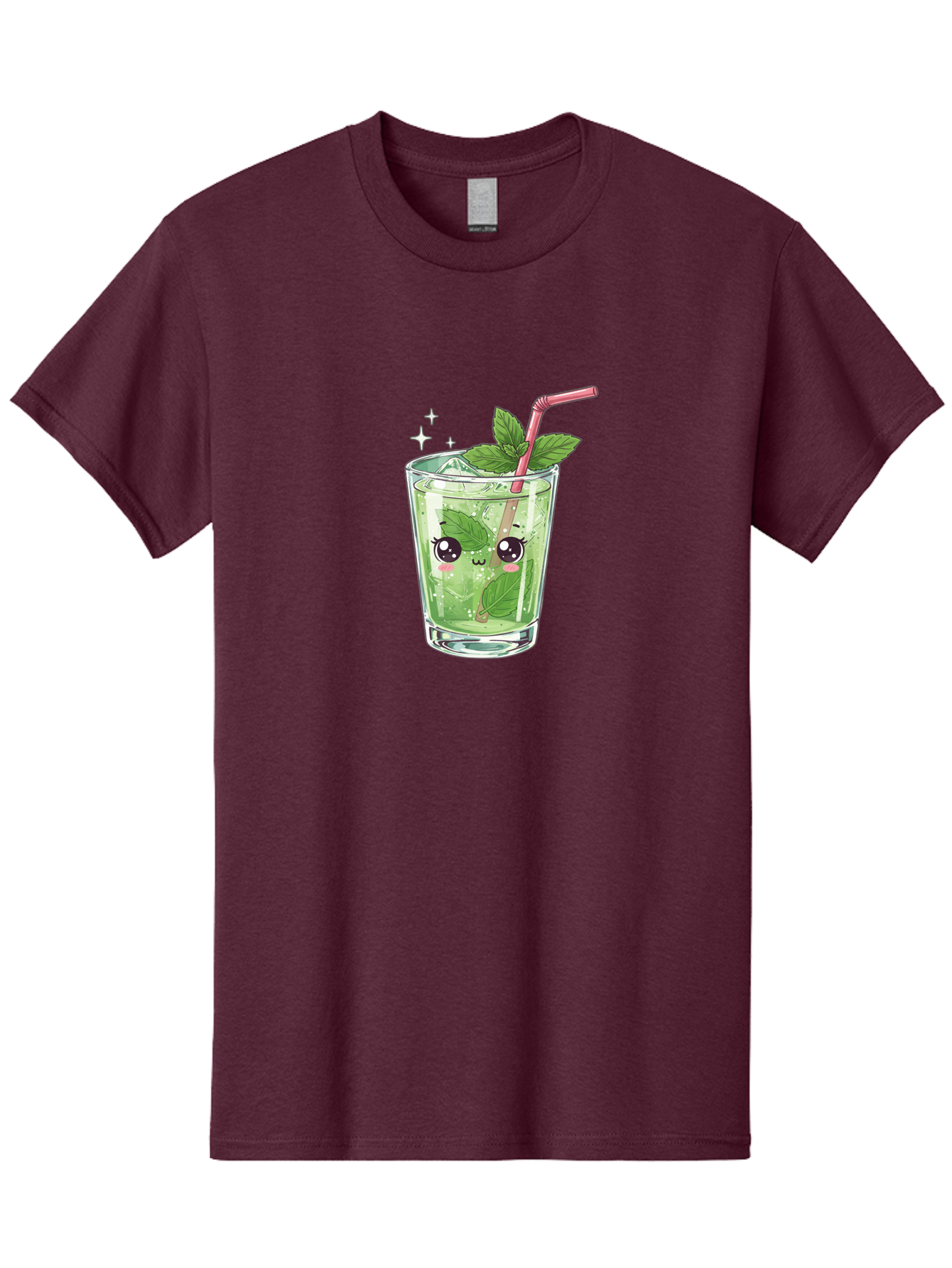 Mint-Drink Men'S Graphic Tee, 100% Cotton, Comfortable Casual Summer Wear, Machine Washable, Mojito Cocktail, Refreshing Drink, Summer Beverage, Mint Leaves, Cute Cartoon Character, Sparkle, Pink Straw, Cool Drink, Trendy Bad323