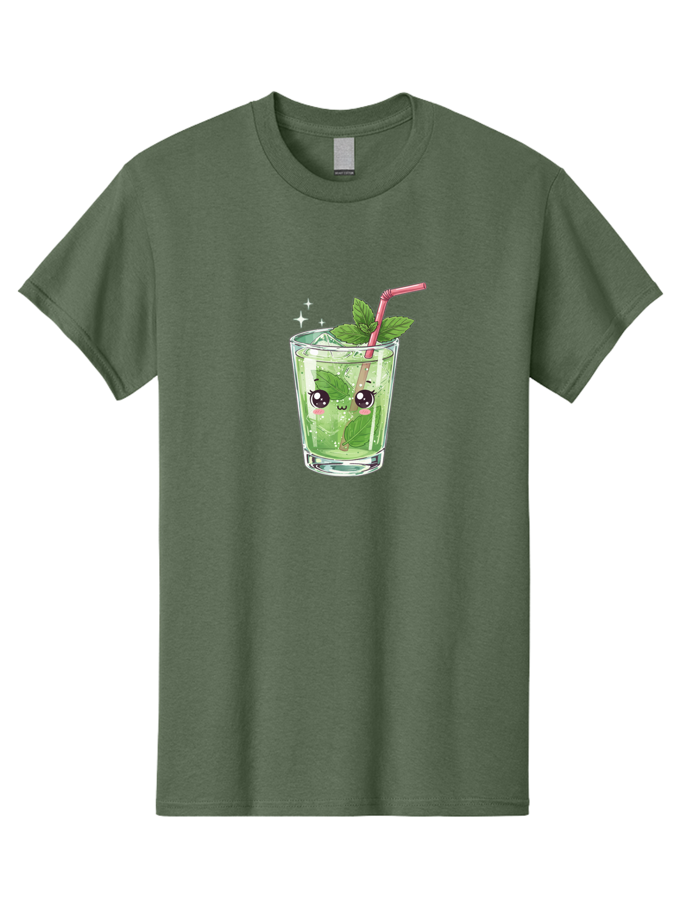 Mint-Drink Men'S Graphic Tee, 100% Cotton, Comfortable Casual Summer Wear, Machine Washable, Mojito Cocktail, Refreshing Drink, Summer Beverage, Mint Leaves, Cute Cartoon Character, Sparkle, Pink Straw, Cool Drink, Trendy Bad323