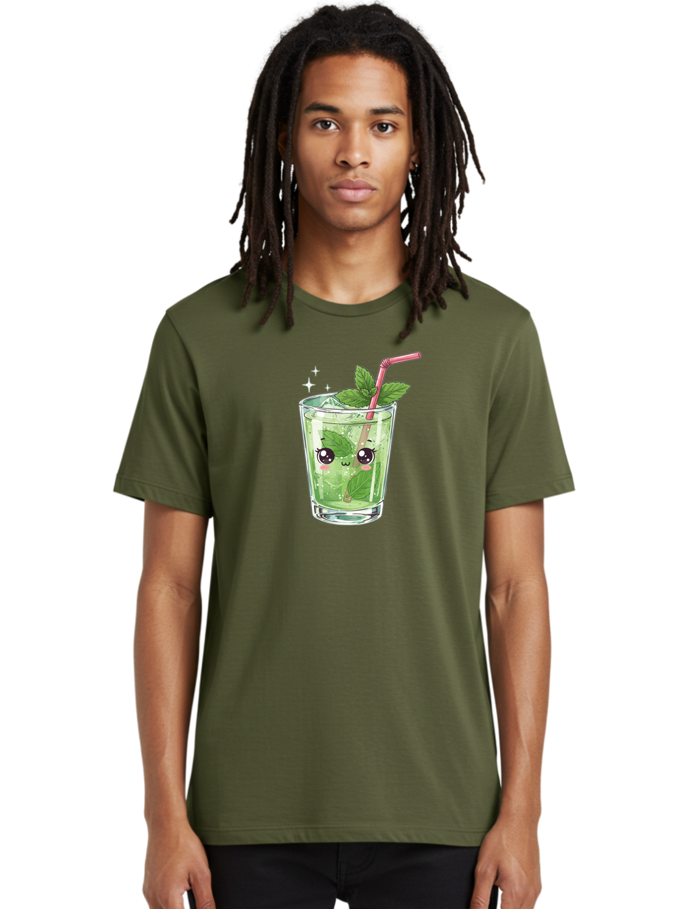 Mint-Drink Men'S Graphic Tee, 100% Cotton, Comfortable Casual Summer Wear, Machine Washable, Mojito Cocktail, Refreshing Drink, Summer Beverage, Mint Leaves, Cute Cartoon Character, Sparkle, Pink Straw, Cool Drink, Trendy Bad323