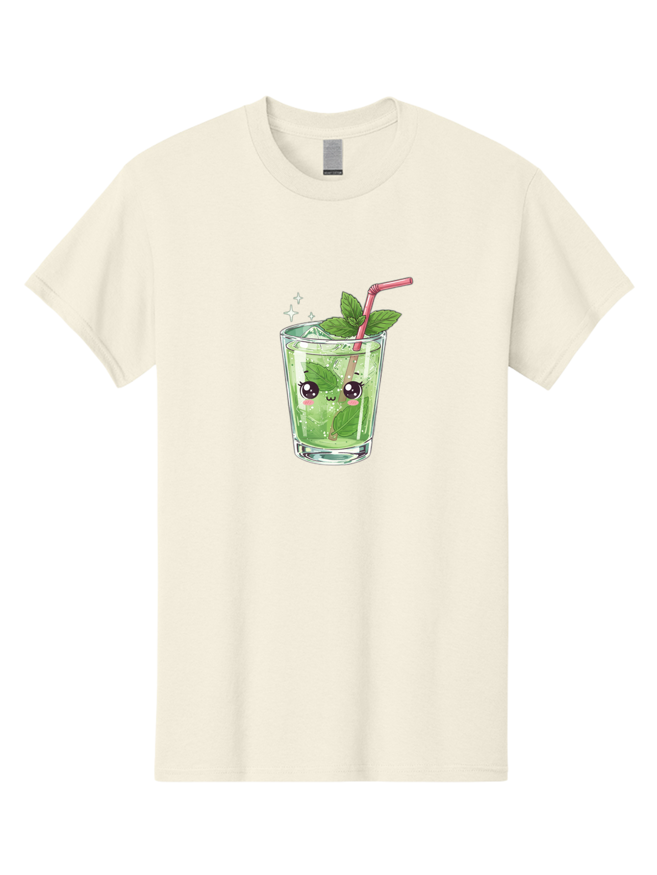 Mint-Drink Men'S Graphic Tee, 100% Cotton, Comfortable Casual Summer Wear, Machine Washable, Mojito Cocktail, Refreshing Drink, Summer Beverage, Mint Leaves, Cute Cartoon Character, Sparkle, Pink Straw, Cool Drink, Trendy Bad323