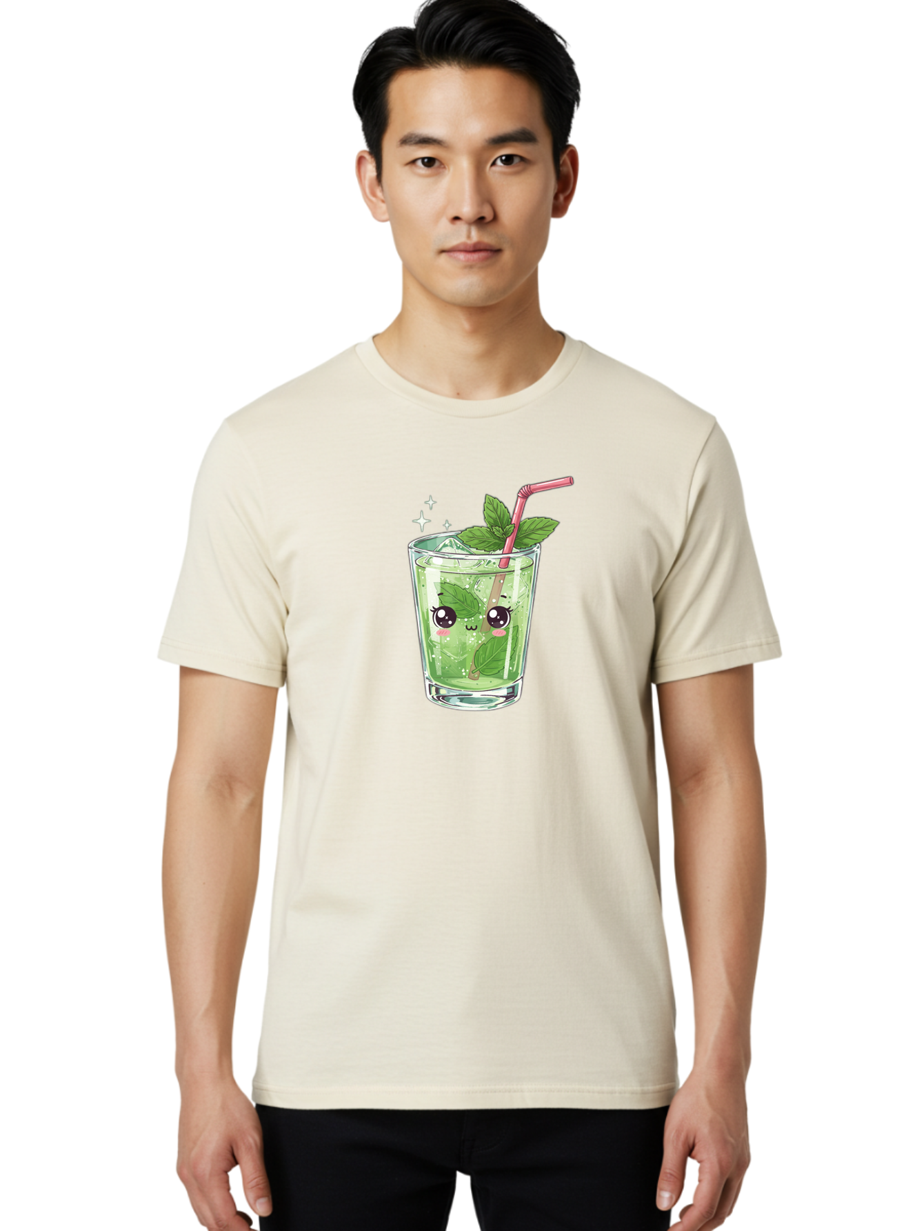 Mint-Drink Men'S Graphic Tee, 100% Cotton, Comfortable Casual Summer Wear, Machine Washable, Mojito Cocktail, Refreshing Drink, Summer Beverage, Mint Leaves, Cute Cartoon Character, Sparkle, Pink Straw, Cool Drink, Trendy Bad323