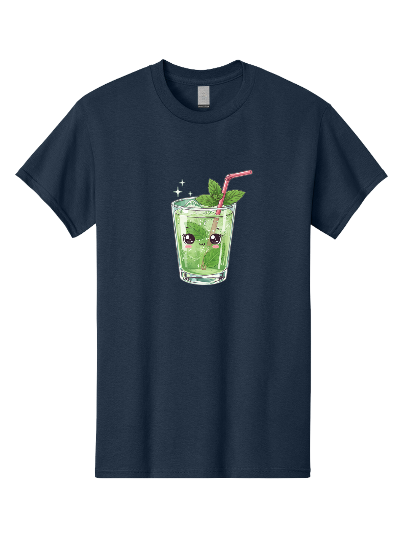 Mint-Drink Men'S Graphic Tee, 100% Cotton, Comfortable Casual Summer Wear, Machine Washable, Mojito Cocktail, Refreshing Drink, Summer Beverage, Mint Leaves, Cute Cartoon Character, Sparkle, Pink Straw, Cool Drink, Trendy Bad323
