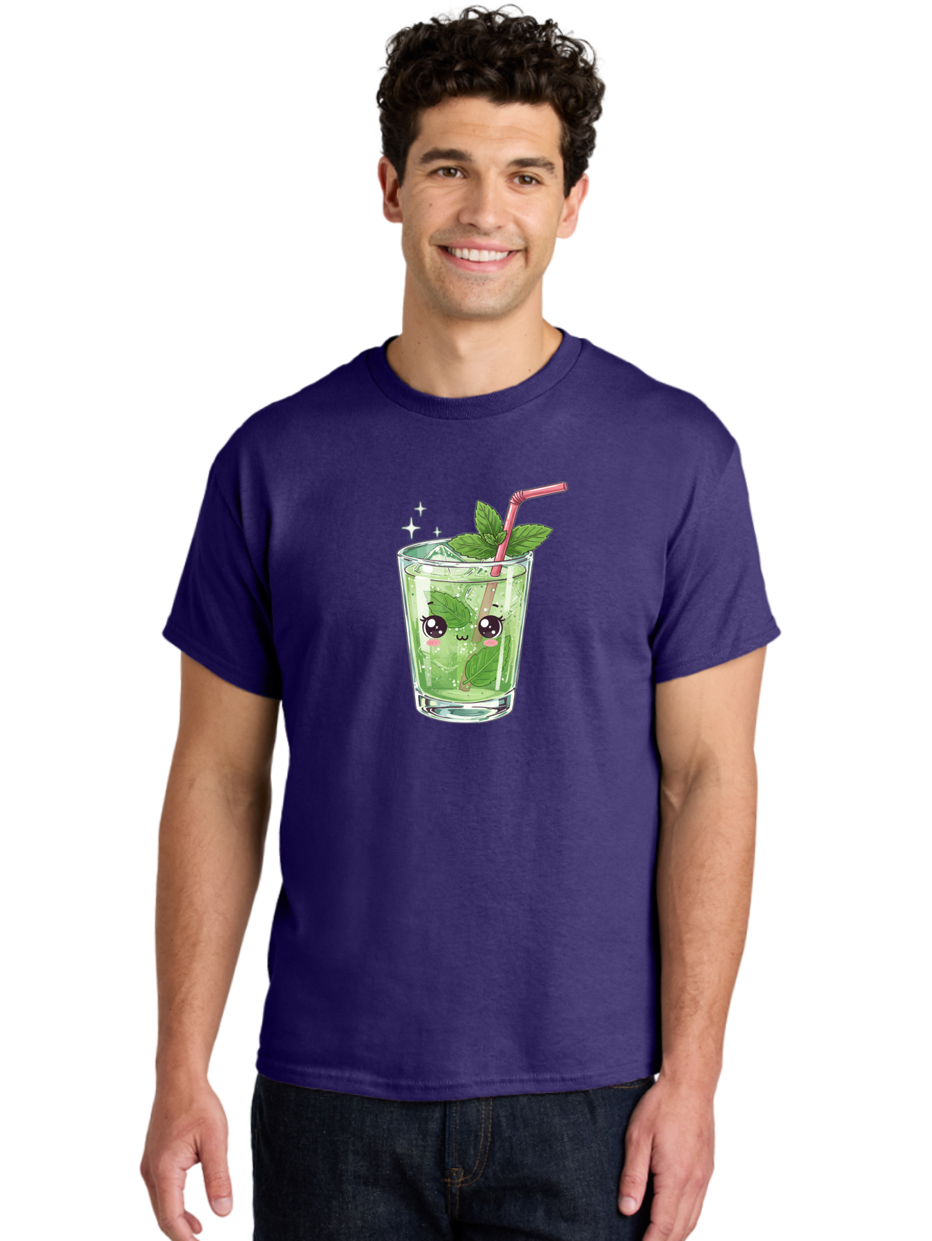 Mint-Drink Men'S Graphic Tee, 100% Cotton, Comfortable Casual Summer Wear, Machine Washable, Mojito Cocktail, Refreshing Drink, Summer Beverage, Mint Leaves, Cute Cartoon Character, Sparkle, Pink Straw, Cool Drink, Trendy Bad323