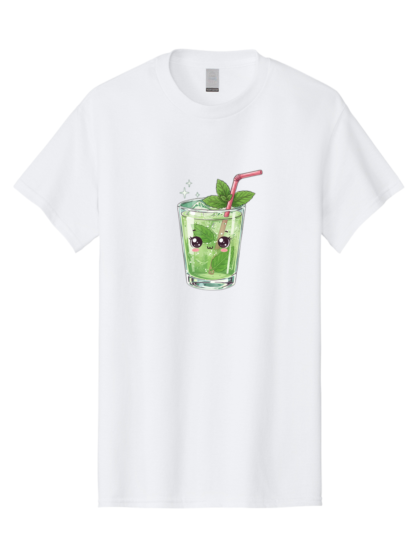 Mint-Drink Men'S Graphic Tee, 100% Cotton, Comfortable Casual Summer Wear, Machine Washable, Mojito Cocktail, Refreshing Drink, Summer Beverage, Mint Leaves, Cute Cartoon Character, Sparkle, Pink Straw, Cool Drink, Trendy Bad323