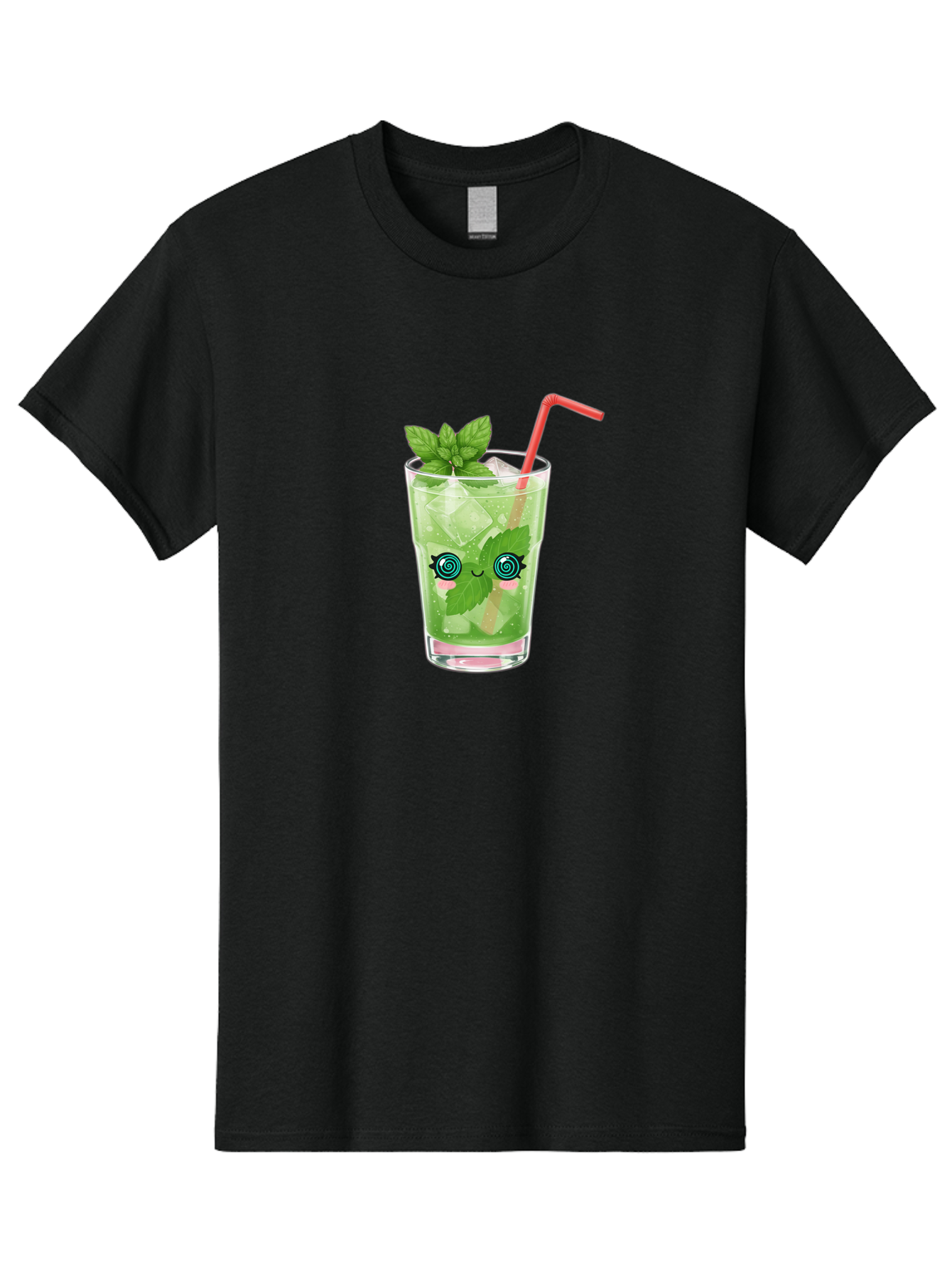 Minty-Cocktail-1 Men'S Graphic Tee, 100% Cotton, Comfortable Casual Summer Wear, Machine Washable, Refreshing Mojito Cocktail, Cartoon Face On Glass, Mint Leaves, Ice Cubes, Pink Straw, Whimsical Design, Fun Drink, Summer Beverage, Bad324