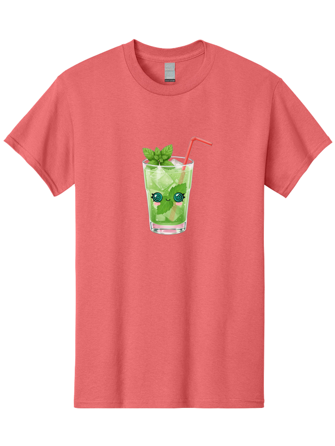 Minty-Cocktail-1 Men'S Graphic Tee, 100% Cotton, Comfortable Casual Summer Wear, Machine Washable, Refreshing Mojito Cocktail, Cartoon Face On Glass, Mint Leaves, Ice Cubes, Pink Straw, Whimsical Design, Fun Drink, Summer Beverage, Bad324