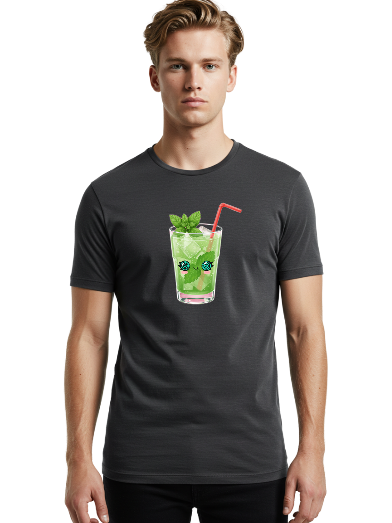 Minty-Cocktail-1 Men'S Graphic Tee, 100% Cotton, Comfortable Casual Summer Wear, Machine Washable, Refreshing Mojito Cocktail, Cartoon Face On Glass, Mint Leaves, Ice Cubes, Pink Straw, Whimsical Design, Fun Drink, Summer Beverage, Bad324