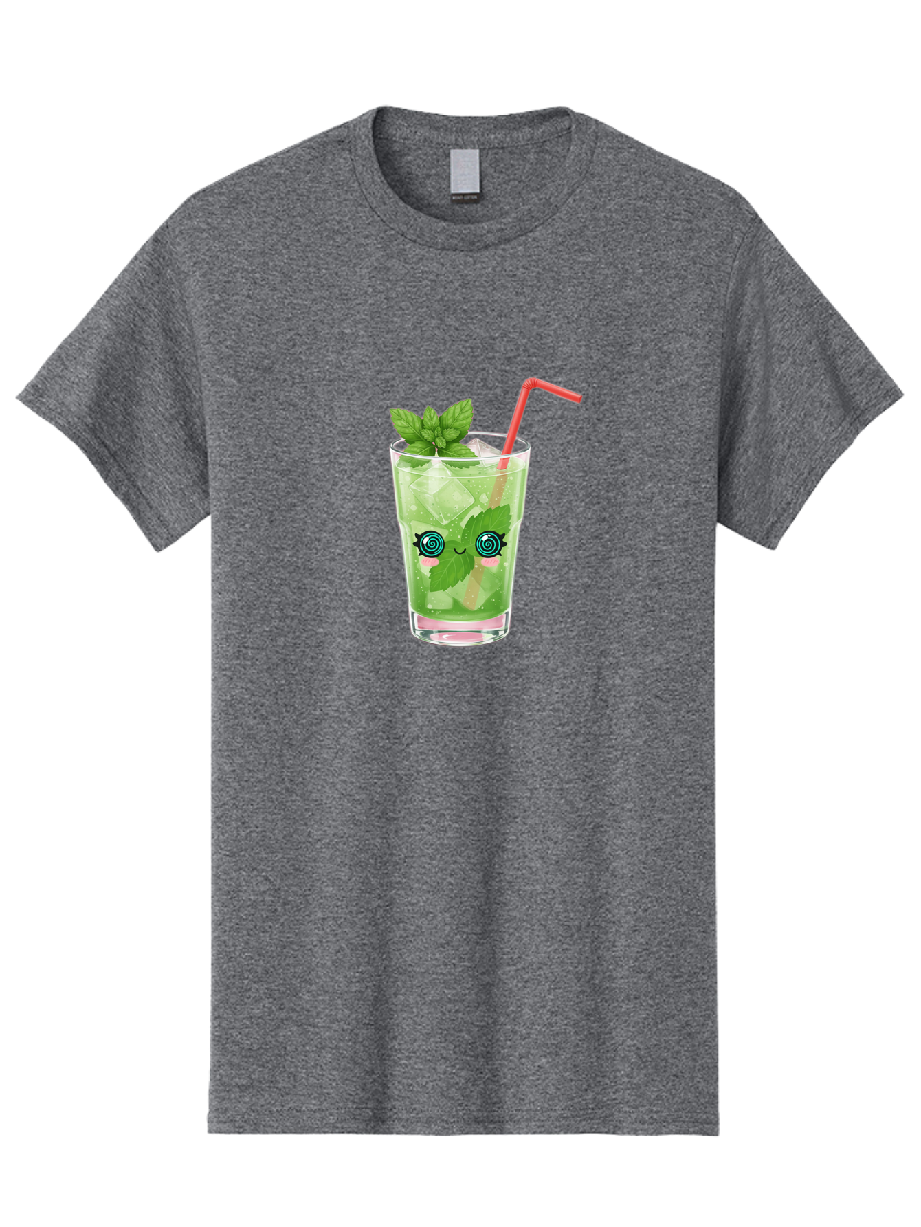 Minty-Cocktail-1 Men'S Graphic Tee, 100% Cotton, Comfortable Casual Summer Wear, Machine Washable, Refreshing Mojito Cocktail, Cartoon Face On Glass, Mint Leaves, Ice Cubes, Pink Straw, Whimsical Design, Fun Drink, Summer Beverage, Bad324