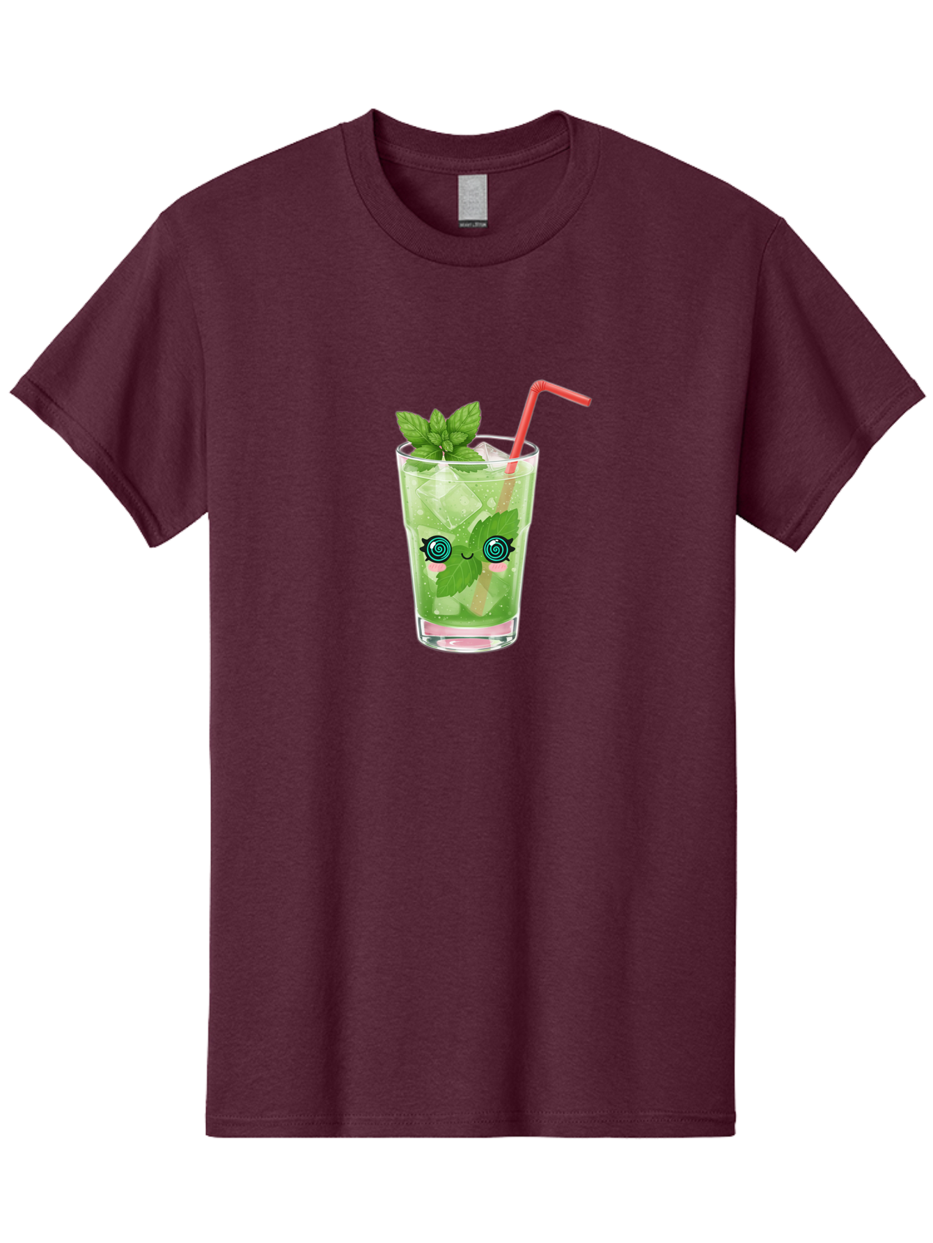 Minty-Cocktail-1 Men'S Graphic Tee, 100% Cotton, Comfortable Casual Summer Wear, Machine Washable, Refreshing Mojito Cocktail, Cartoon Face On Glass, Mint Leaves, Ice Cubes, Pink Straw, Whimsical Design, Fun Drink, Summer Beverage, Bad324