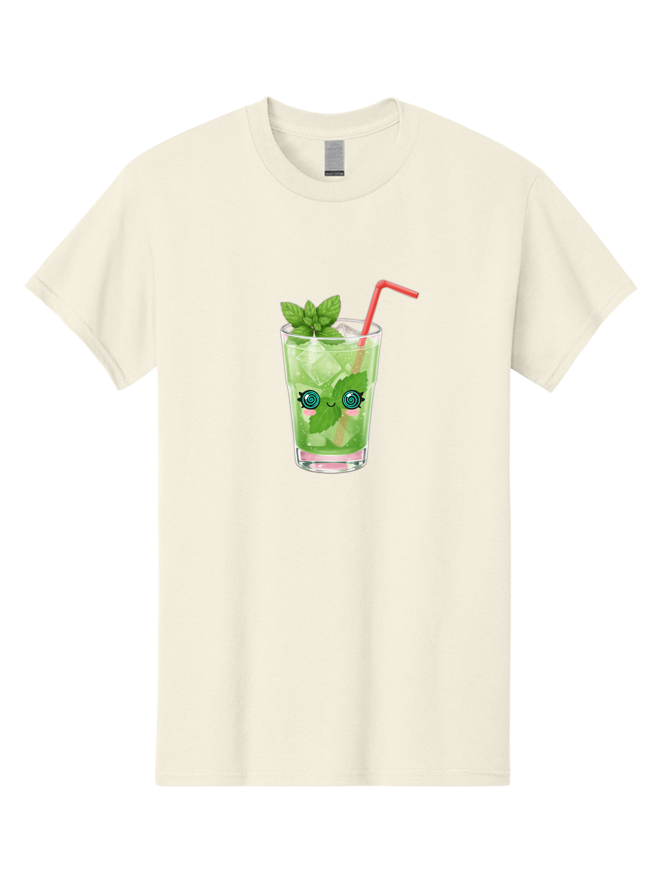 Minty-Cocktail-1 Men'S Graphic Tee, 100% Cotton, Comfortable Casual Summer Wear, Machine Washable, Refreshing Mojito Cocktail, Cartoon Face On Glass, Mint Leaves, Ice Cubes, Pink Straw, Whimsical Design, Fun Drink, Summer Beverage, Bad324