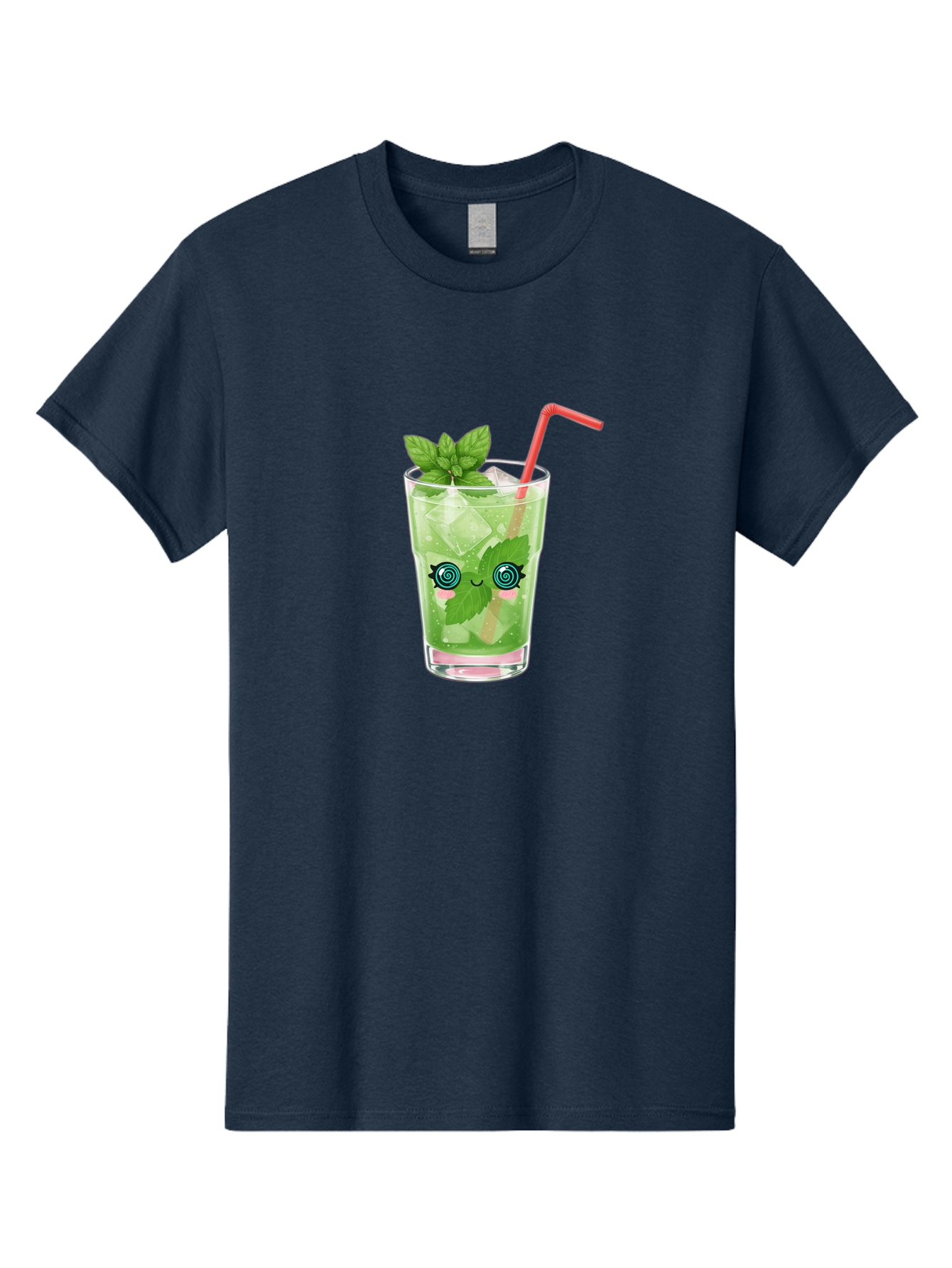 Minty-Cocktail-1 Men'S Graphic Tee, 100% Cotton, Comfortable Casual Summer Wear, Machine Washable, Refreshing Mojito Cocktail, Cartoon Face On Glass, Mint Leaves, Ice Cubes, Pink Straw, Whimsical Design, Fun Drink, Summer Beverage, Bad324