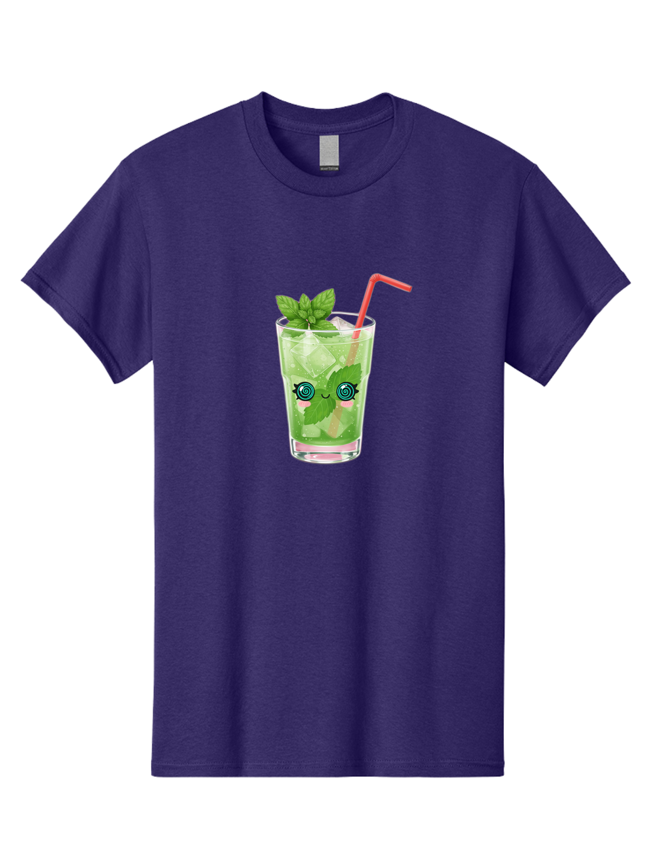 Minty-Cocktail-1 Men'S Graphic Tee, 100% Cotton, Comfortable Casual Summer Wear, Machine Washable, Refreshing Mojito Cocktail, Cartoon Face On Glass, Mint Leaves, Ice Cubes, Pink Straw, Whimsical Design, Fun Drink, Summer Beverage, Bad324