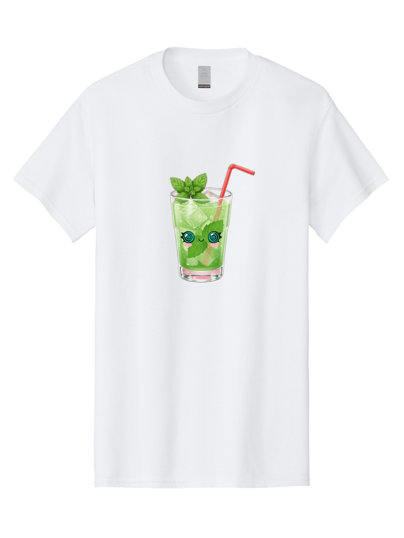 Minty-Cocktail-1 Men'S Graphic Tee, 100% Cotton, Comfortable Casual Summer Wear, Machine Washable, Refreshing Mojito Cocktail, Cartoon Face On Glass, Mint Leaves, Ice Cubes, Pink Straw, Whimsical Design, Fun Drink, Summer Beverage, Bad324