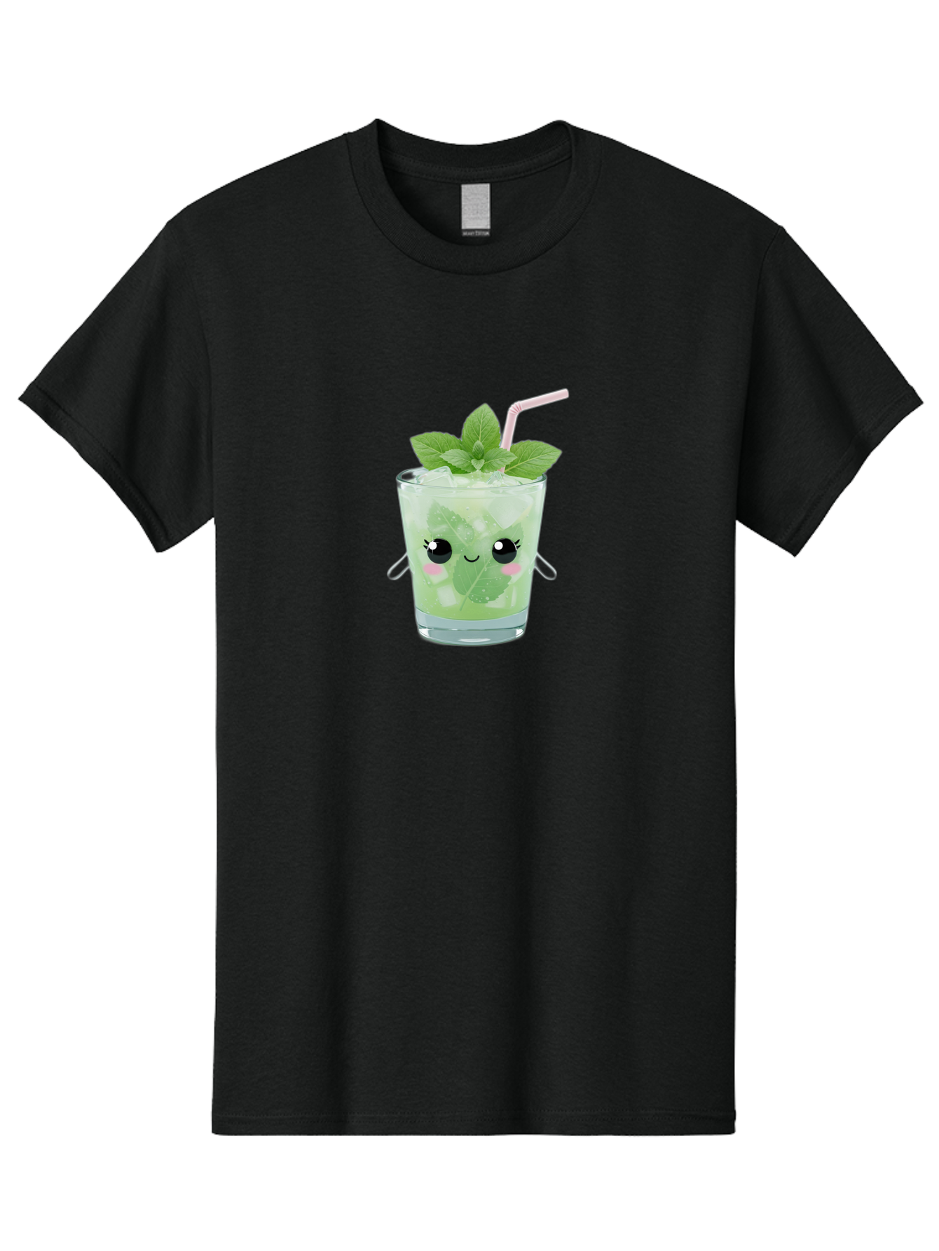 Minty-Cocktail Men'S Graphic Tee, 100% Cotton, Comfortable Casual Summer Wear, Machine Washable, Mint Cocktail, Refreshing Drink, Kawaii Cocktail, Cute Drink, Cartoon Eyes, Mojito, Green Cocktail, Iced Beverage, Straw, Mint Leaves Bad325
