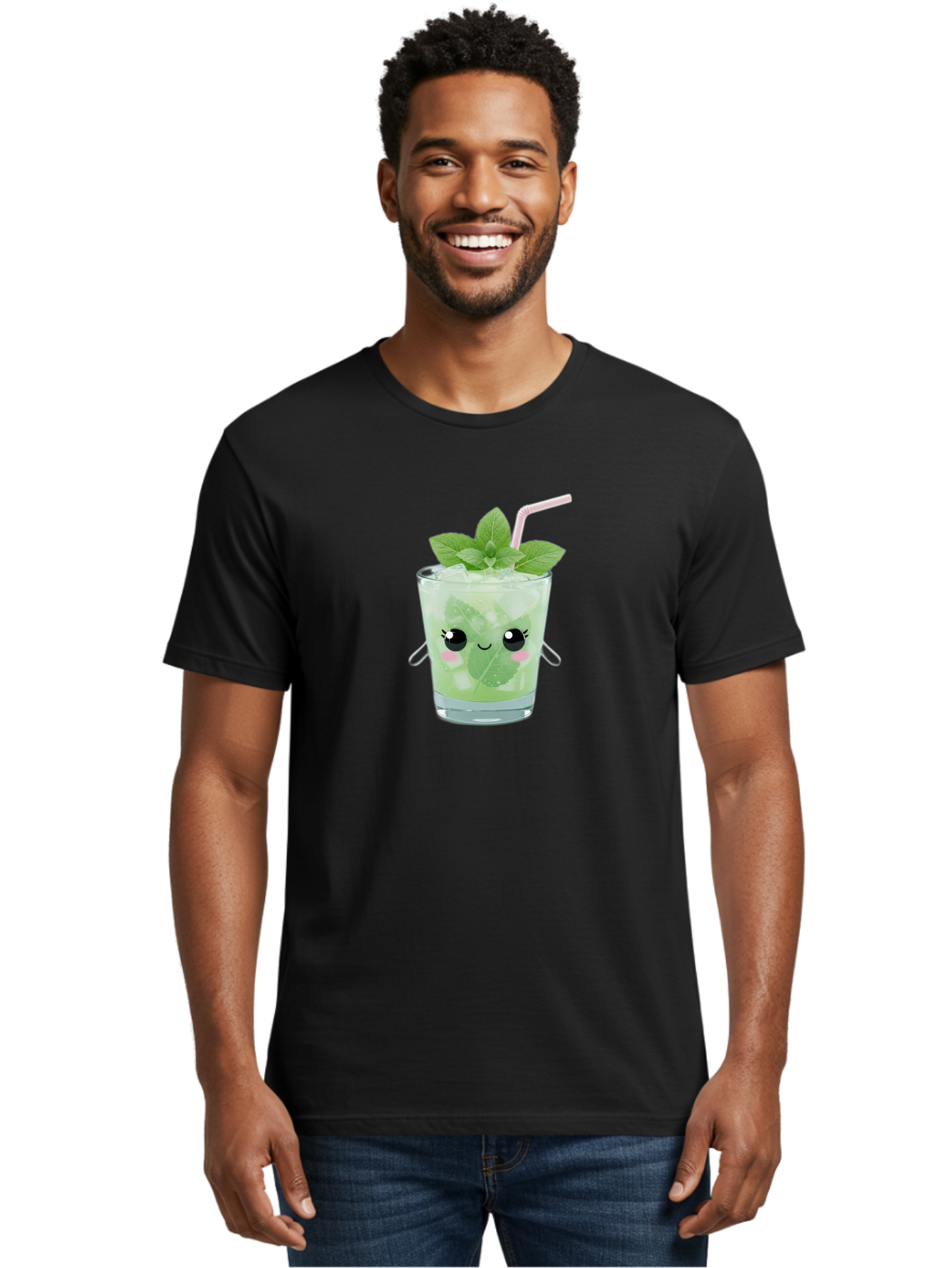 Minty-Cocktail Men'S Graphic Tee, 100% Cotton, Comfortable Casual Summer Wear, Machine Washable, Mint Cocktail, Refreshing Drink, Kawaii Cocktail, Cute Drink, Cartoon Eyes, Mojito, Green Cocktail, Iced Beverage, Straw, Mint Leaves Bad325