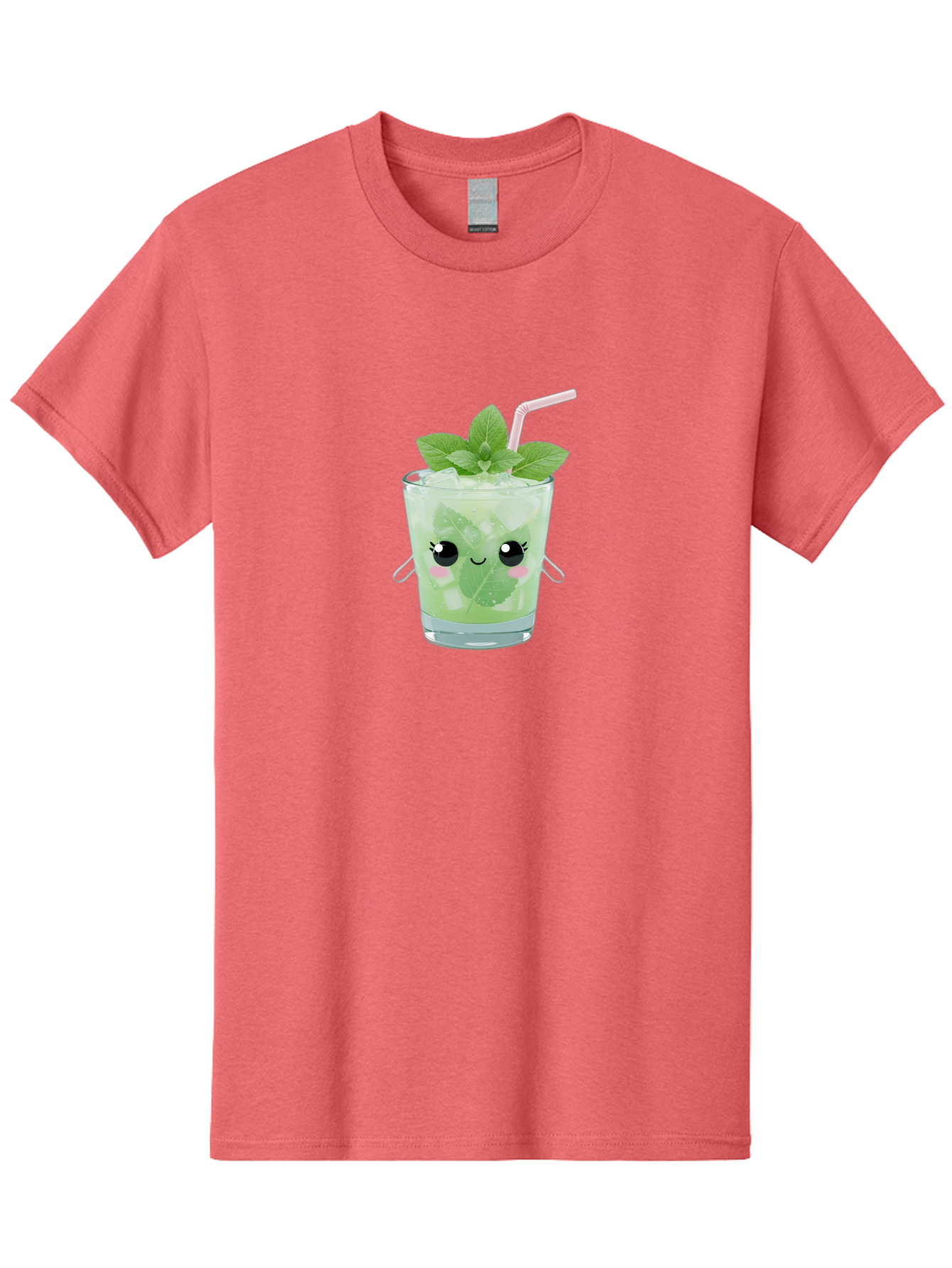 Minty-Cocktail Men'S Graphic Tee, 100% Cotton, Comfortable Casual Summer Wear, Machine Washable, Mint Cocktail, Refreshing Drink, Kawaii Cocktail, Cute Drink, Cartoon Eyes, Mojito, Green Cocktail, Iced Beverage, Straw, Mint Leaves Bad325