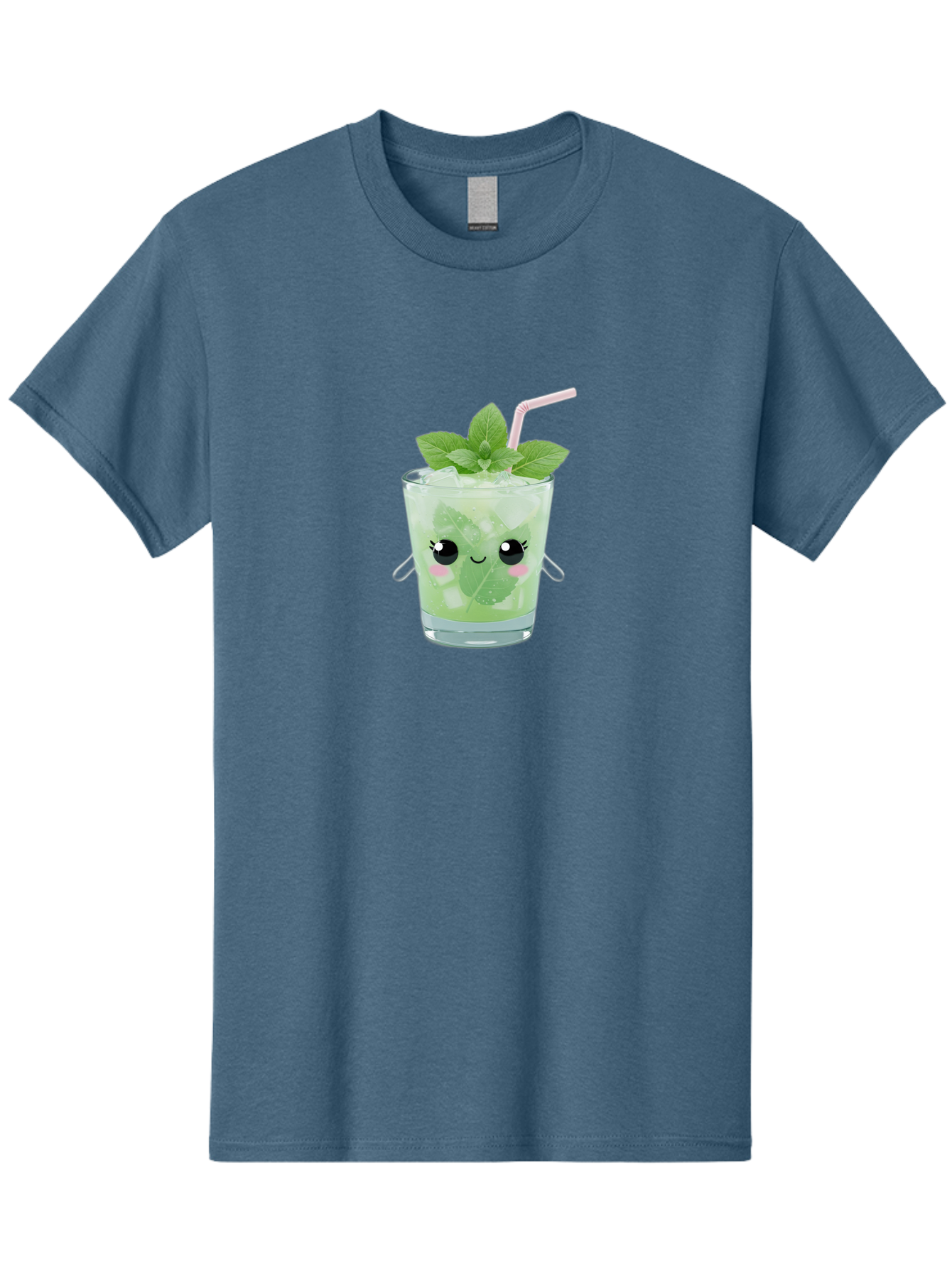 Minty-Cocktail Men'S Graphic Tee, 100% Cotton, Comfortable Casual Summer Wear, Machine Washable, Mint Cocktail, Refreshing Drink, Kawaii Cocktail, Cute Drink, Cartoon Eyes, Mojito, Green Cocktail, Iced Beverage, Straw, Mint Leaves Bad325