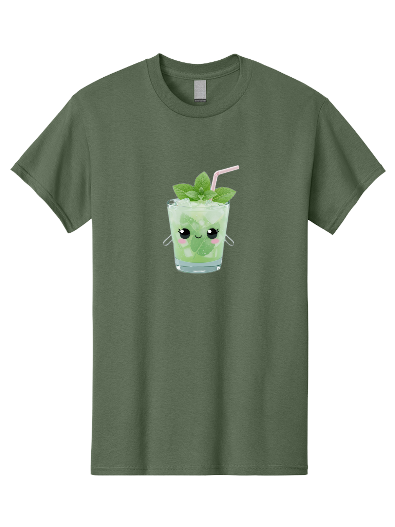 Minty-Cocktail Men'S Graphic Tee, 100% Cotton, Comfortable Casual Summer Wear, Machine Washable, Mint Cocktail, Refreshing Drink, Kawaii Cocktail, Cute Drink, Cartoon Eyes, Mojito, Green Cocktail, Iced Beverage, Straw, Mint Leaves Bad325