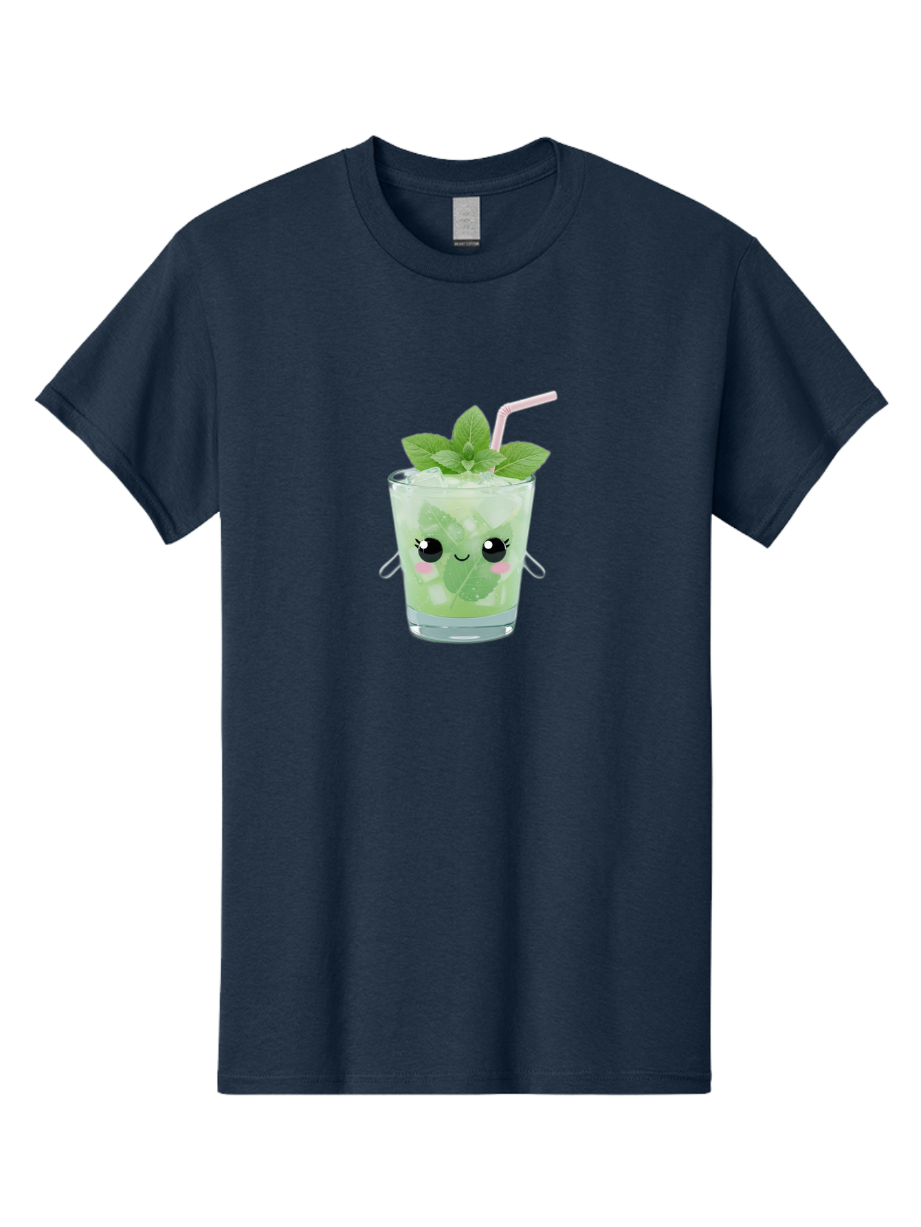 Minty-Cocktail Men'S Graphic Tee, 100% Cotton, Comfortable Casual Summer Wear, Machine Washable, Mint Cocktail, Refreshing Drink, Kawaii Cocktail, Cute Drink, Cartoon Eyes, Mojito, Green Cocktail, Iced Beverage, Straw, Mint Leaves Bad325