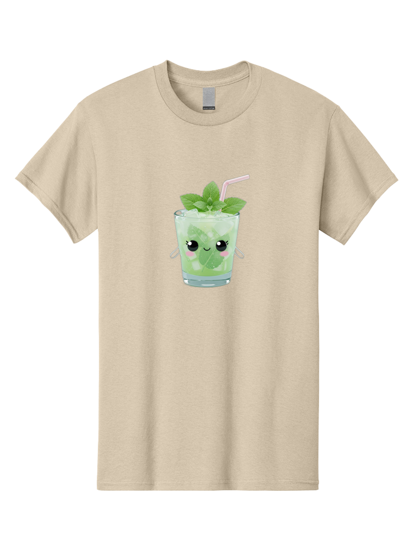 Minty-Cocktail Men'S Graphic Tee, 100% Cotton, Comfortable Casual Summer Wear, Machine Washable, Mint Cocktail, Refreshing Drink, Kawaii Cocktail, Cute Drink, Cartoon Eyes, Mojito, Green Cocktail, Iced Beverage, Straw, Mint Leaves Bad325