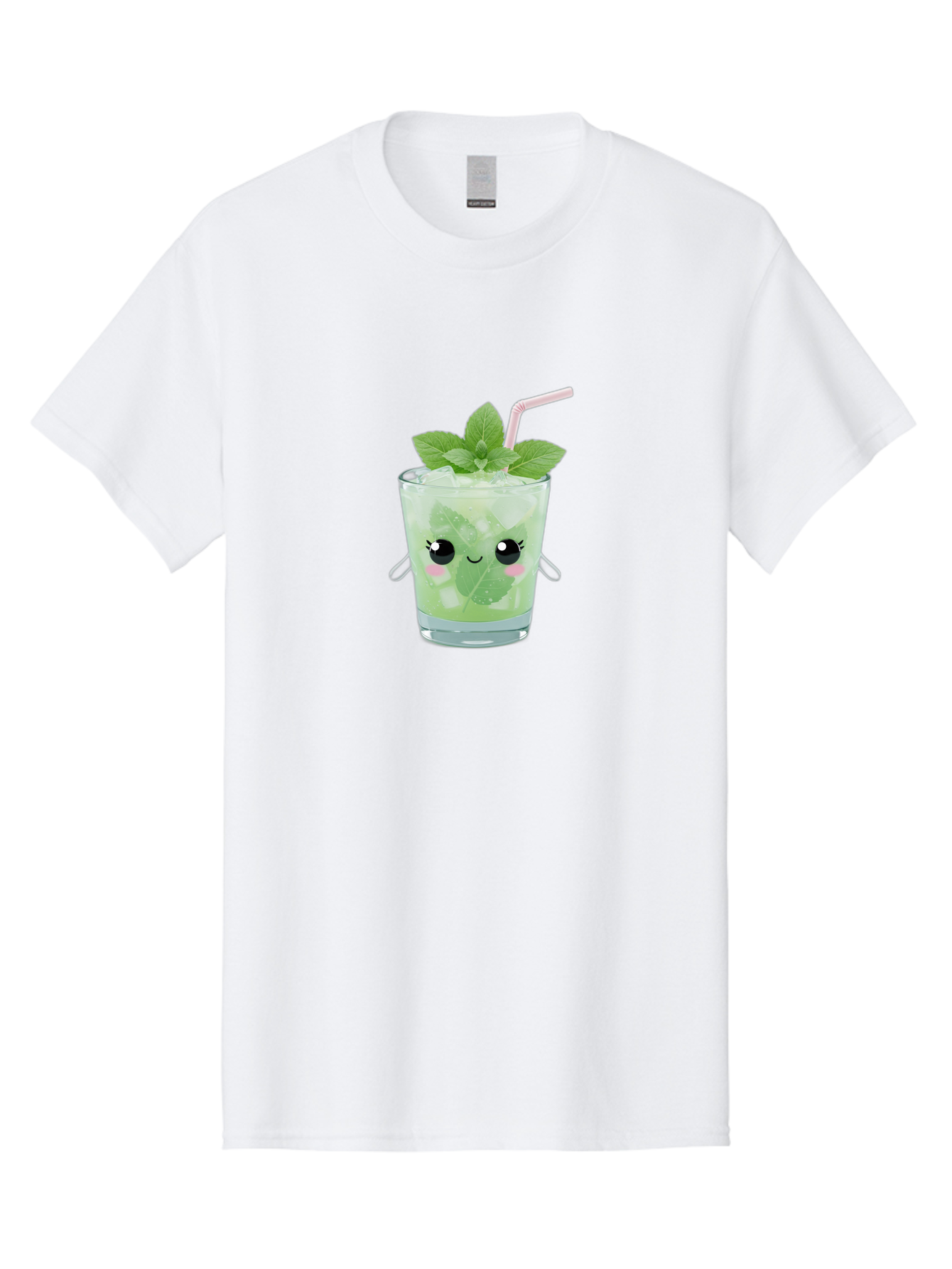 Minty-Cocktail Men'S Graphic Tee, 100% Cotton, Comfortable Casual Summer Wear, Machine Washable, Mint Cocktail, Refreshing Drink, Kawaii Cocktail, Cute Drink, Cartoon Eyes, Mojito, Green Cocktail, Iced Beverage, Straw, Mint Leaves Bad325