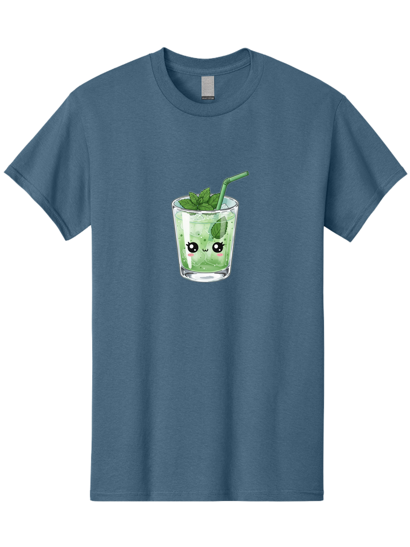 Minty-Drink-1 Men'S Graphic Tee, 100% Cotton, Comfortable Casual Summer Wear, Machine Washable, Refreshing Drink, Mint Leaves, Cute Cartoon Face, Green Straw, Cool Beverage, Iced Drink, Mojito, Summer Refreshment, Fun Illustration, Bad326