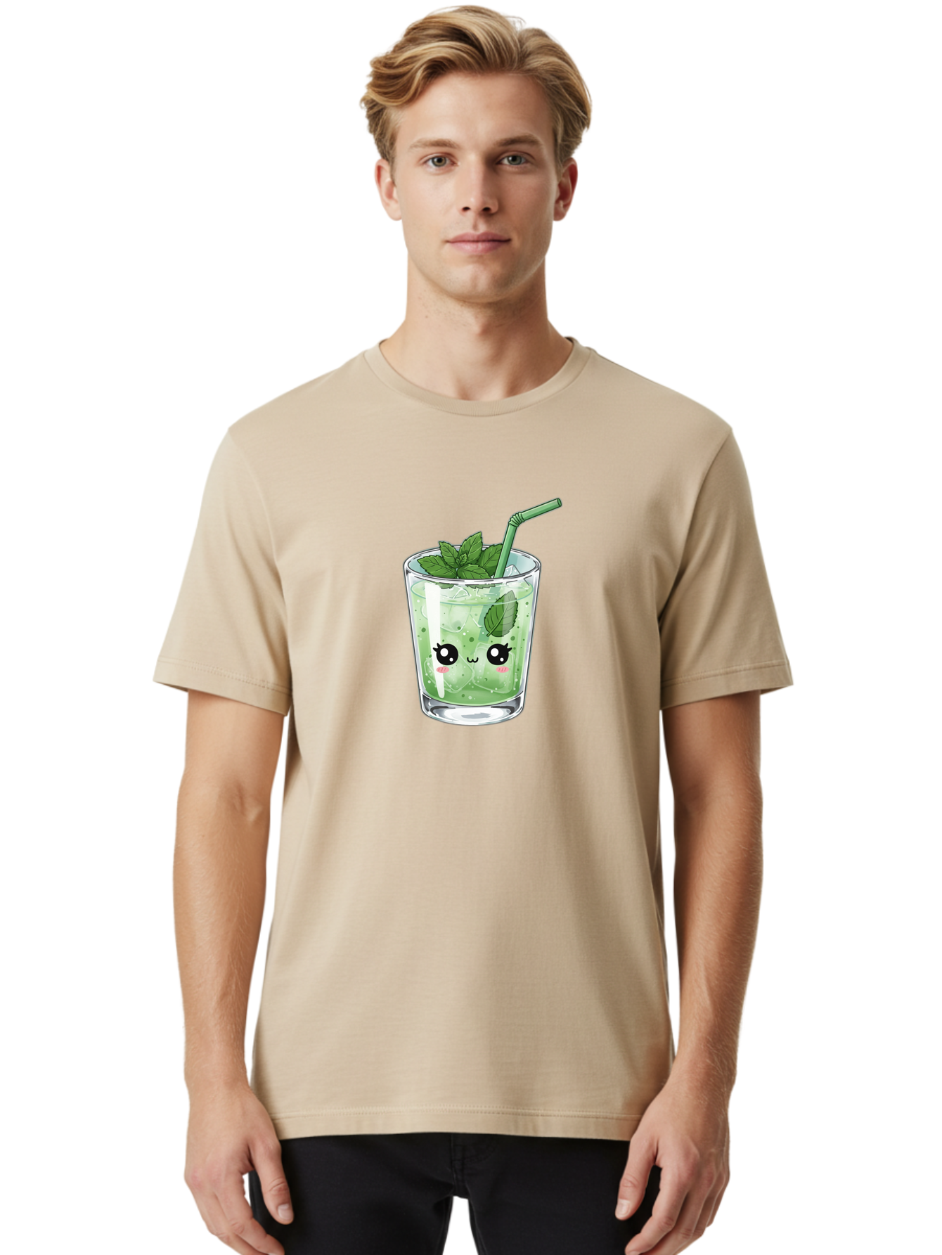 Minty-Drink-1 Men'S Graphic Tee, 100% Cotton, Comfortable Casual Summer Wear, Machine Washable, Refreshing Drink, Mint Leaves, Cute Cartoon Face, Green Straw, Cool Beverage, Iced Drink, Mojito, Summer Refreshment, Fun Illustration, Bad326