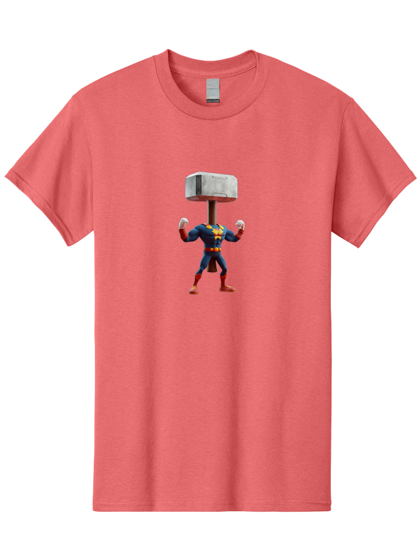 Mjolnir-Thor Men'S Graphic Tee, 100% Cotton, Comfortable Casual Summer Wear, Machine Washable, Thor Flexing Muscles, Superhero Pose, Blue And Red Costume, Yellow Belt And Emblem, Cartoon-Style, Strong And Powerful, Humorous Illustration, Bad328
