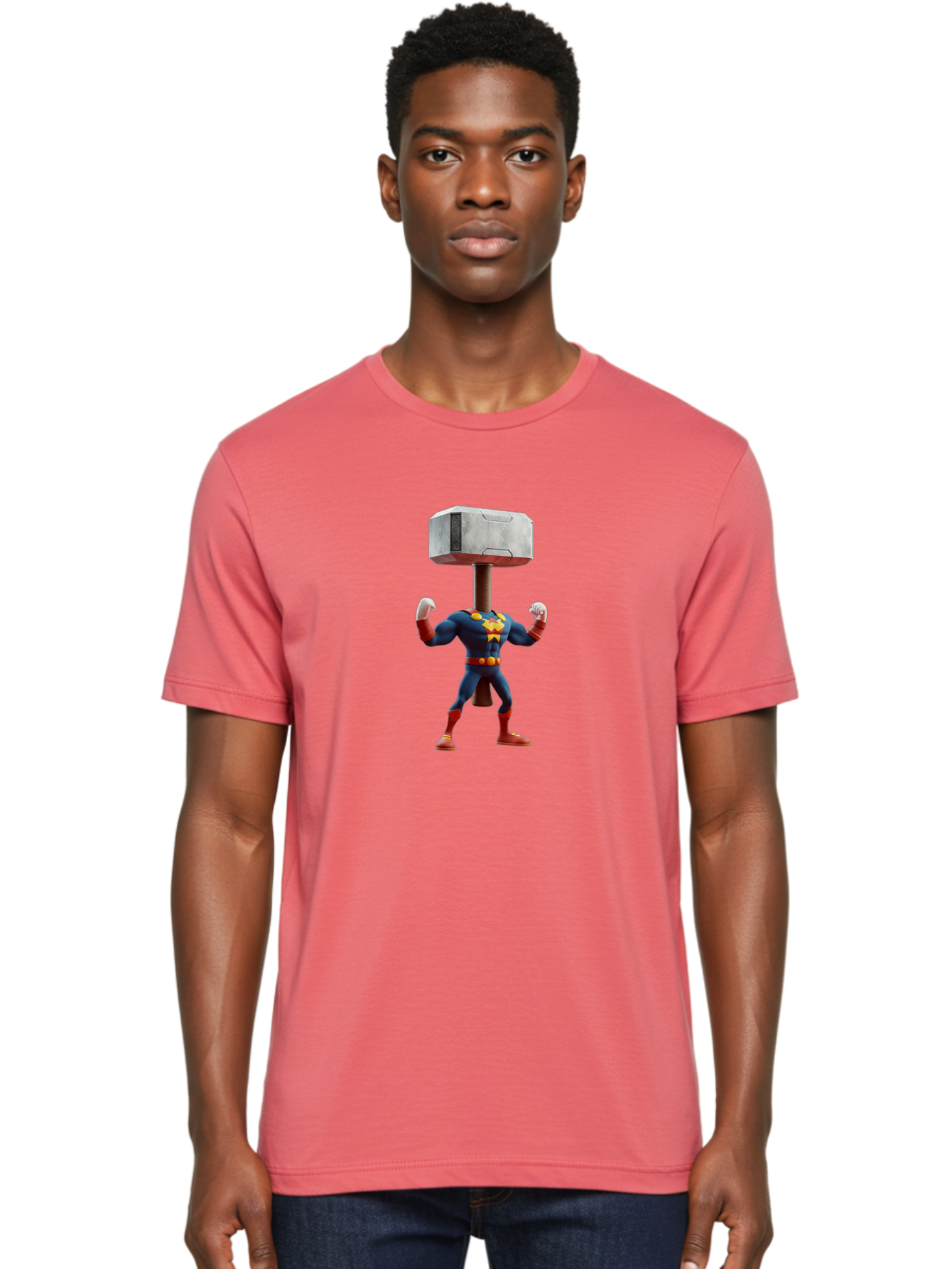 Mjolnir-Thor Men'S Graphic Tee, 100% Cotton, Comfortable Casual Summer Wear, Machine Washable, Thor Flexing Muscles, Superhero Pose, Blue And Red Costume, Yellow Belt And Emblem, Cartoon-Style, Strong And Powerful, Humorous Illustration, Bad328