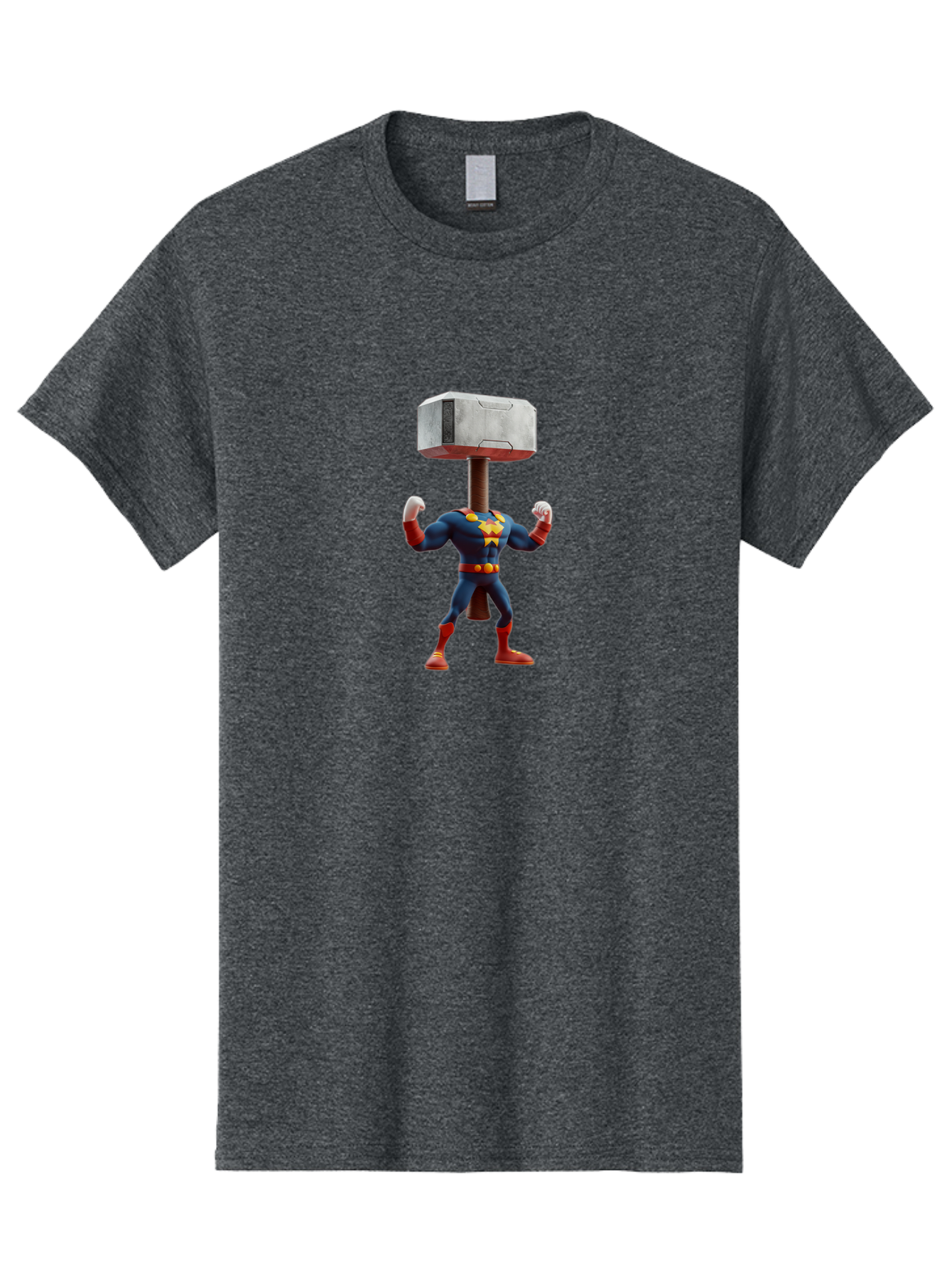 Mjolnir-Thor Men'S Graphic Tee, 100% Cotton, Comfortable Casual Summer Wear, Machine Washable, Thor Flexing Muscles, Superhero Pose, Blue And Red Costume, Yellow Belt And Emblem, Cartoon-Style, Strong And Powerful, Humorous Illustration, Bad328