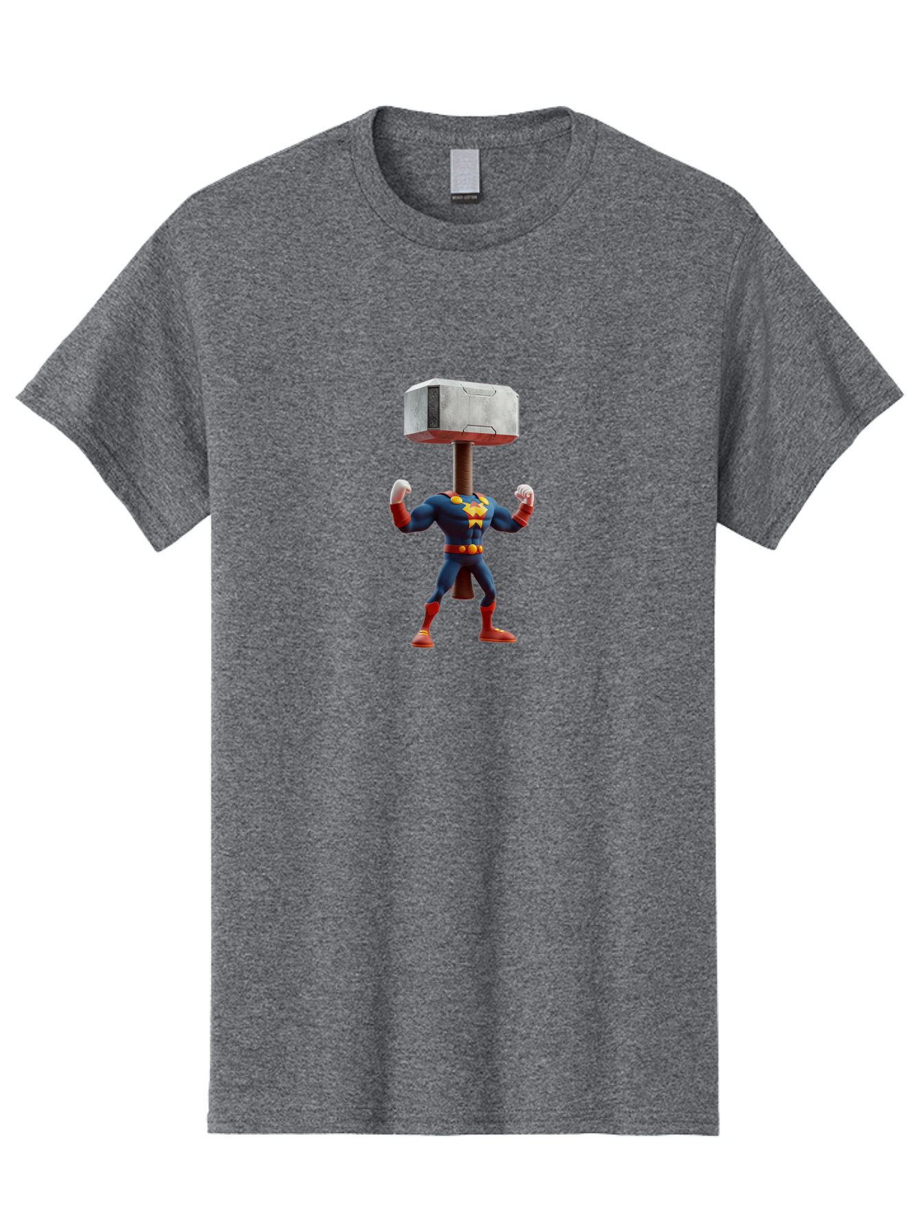 Mjolnir-Thor Men'S Graphic Tee, 100% Cotton, Comfortable Casual Summer Wear, Machine Washable, Thor Flexing Muscles, Superhero Pose, Blue And Red Costume, Yellow Belt And Emblem, Cartoon-Style, Strong And Powerful, Humorous Illustration, Bad328