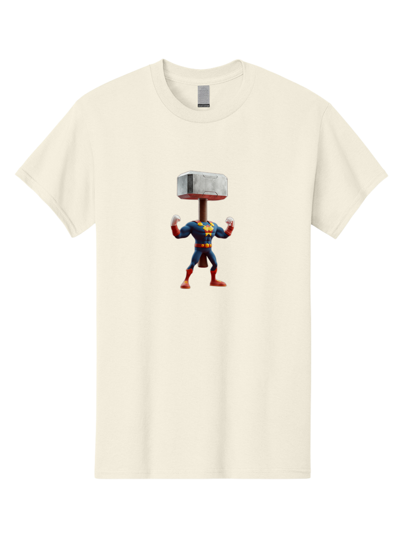 Mjolnir-Thor Men'S Graphic Tee, 100% Cotton, Comfortable Casual Summer Wear, Machine Washable, Thor Flexing Muscles, Superhero Pose, Blue And Red Costume, Yellow Belt And Emblem, Cartoon-Style, Strong And Powerful, Humorous Illustration, Bad328