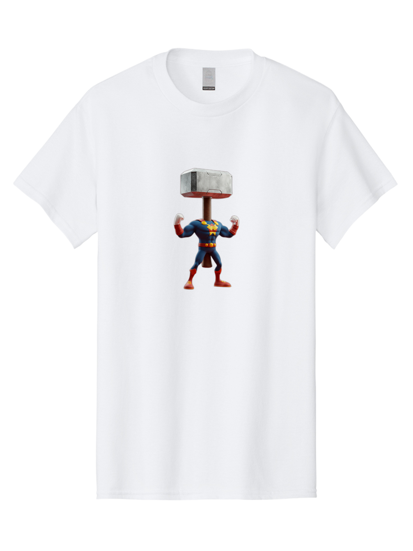 Mjolnir-Thor Men'S Graphic Tee, 100% Cotton, Comfortable Casual Summer Wear, Machine Washable, Thor Flexing Muscles, Superhero Pose, Blue And Red Costume, Yellow Belt And Emblem, Cartoon-Style, Strong And Powerful, Humorous Illustration, Bad328