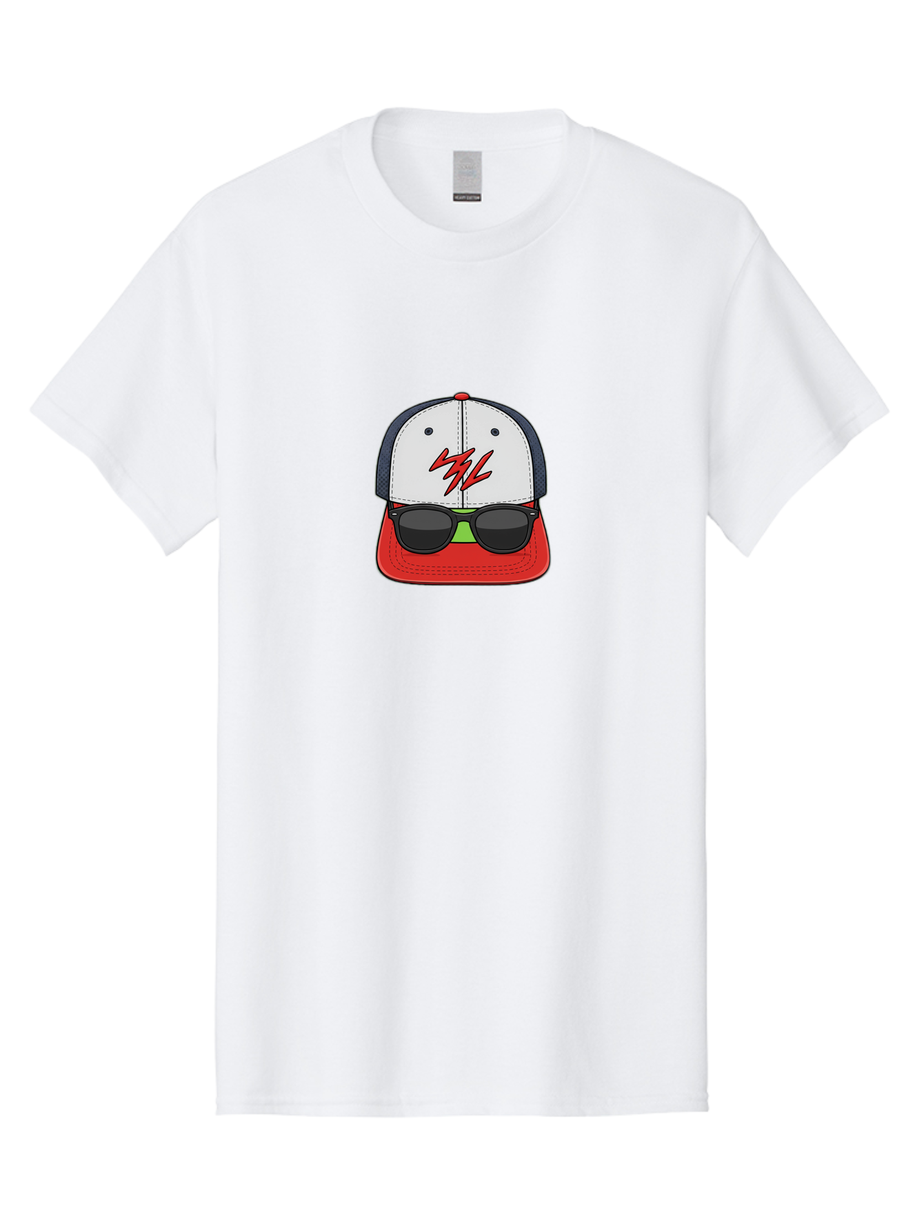 Mlb-Cap-Sunglasses Men'S Graphic Tee, 100% Cotton, Comfortable Casual Summer Wear, Machine Washable, Baseball Cap, Sunglasses, Red And White, Mlb Logo, Stylized Graphic, Sports Apparel, Fashion Accessory, Trendy Illustration, Logo Design, Bad329