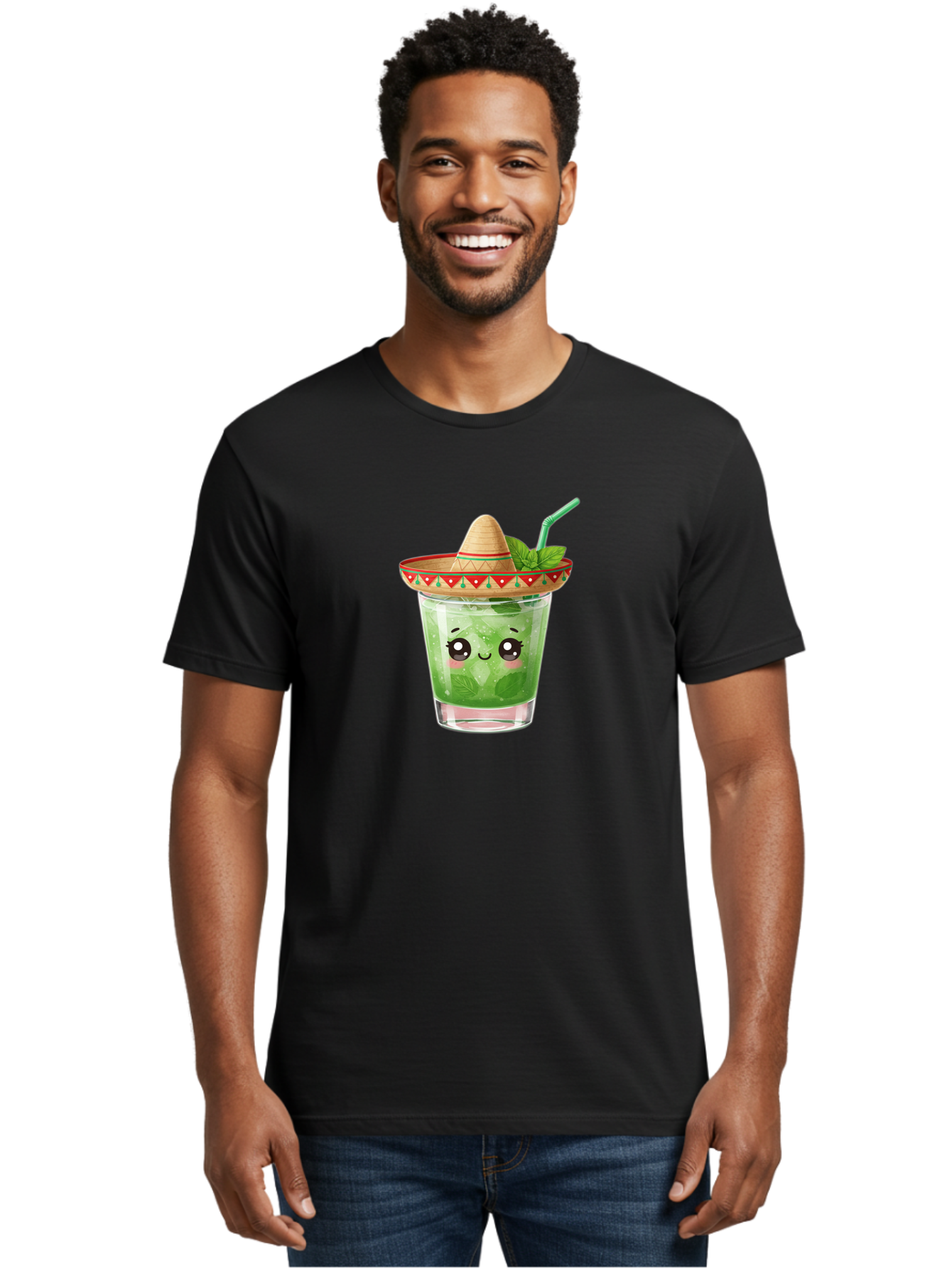 Mojito-With-Sombrero Men'S Graphic Tee, 100% Cotton, Comfortable Casual Summer Wear, Machine Washable, Mojito Cocktail, Refreshing Drink, Mint Leaves, Cute Face, Straw, Sombrero Hat, Festive Vibe, Cartoon Style, Fun Illustration, Summer Drink Bad332