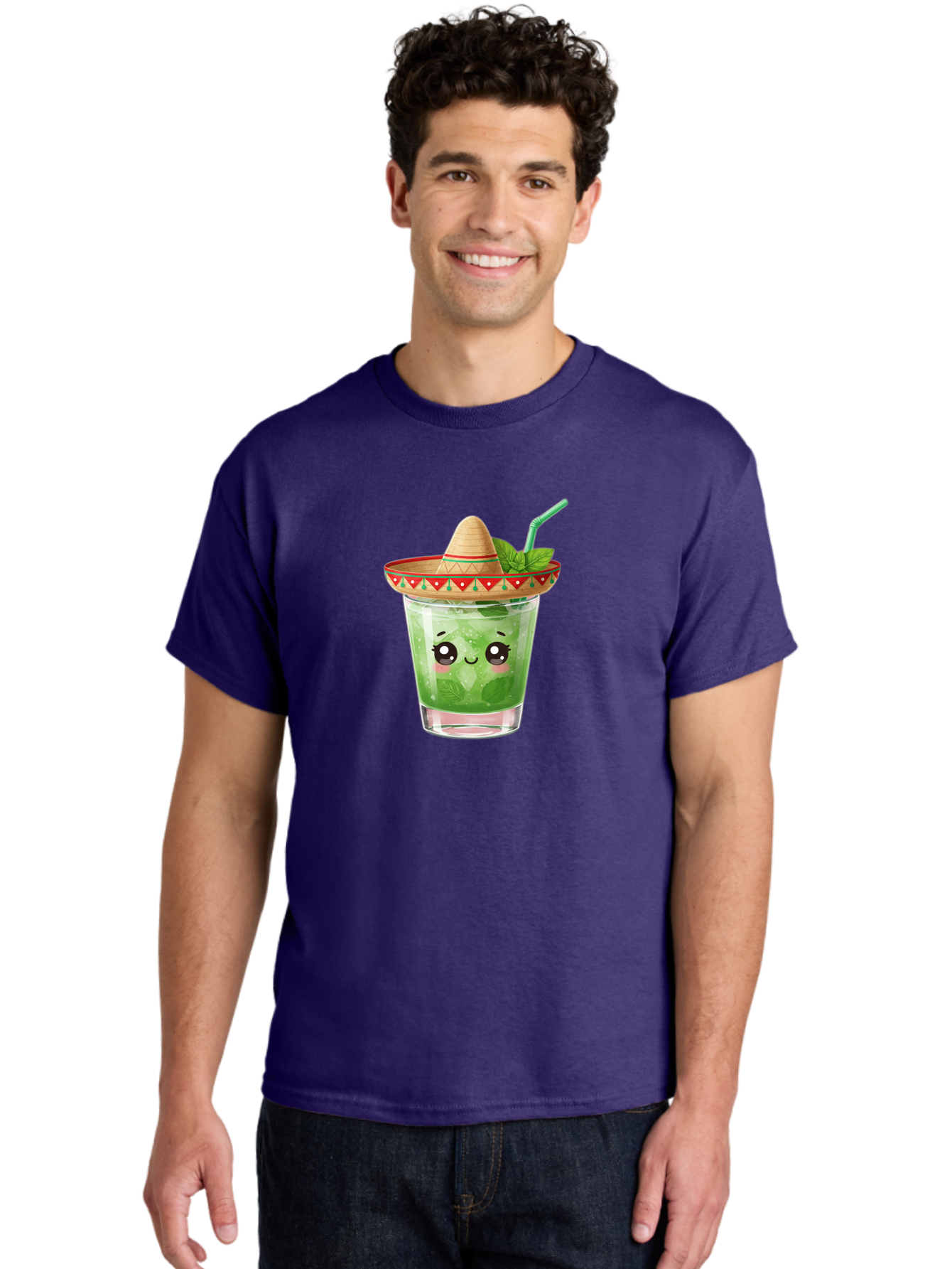 Mojito-With-Sombrero Men'S Graphic Tee, 100% Cotton, Comfortable Casual Summer Wear, Machine Washable, Mojito Cocktail, Refreshing Drink, Mint Leaves, Cute Face, Straw, Sombrero Hat, Festive Vibe, Cartoon Style, Fun Illustration, Summer Drink Bad332